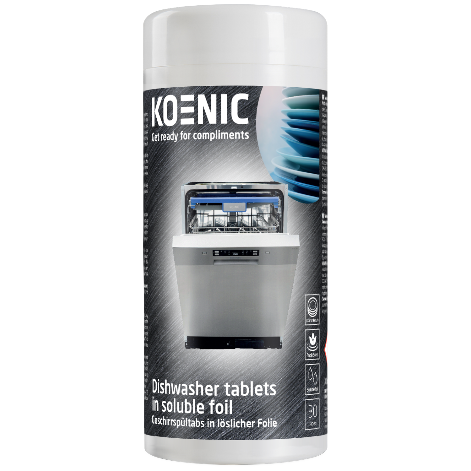 A white cylinder-shaped container. It has a dishwasher image and text 'Dishwasher tablets in soluble foil.' Brand name 'KOENIC'.