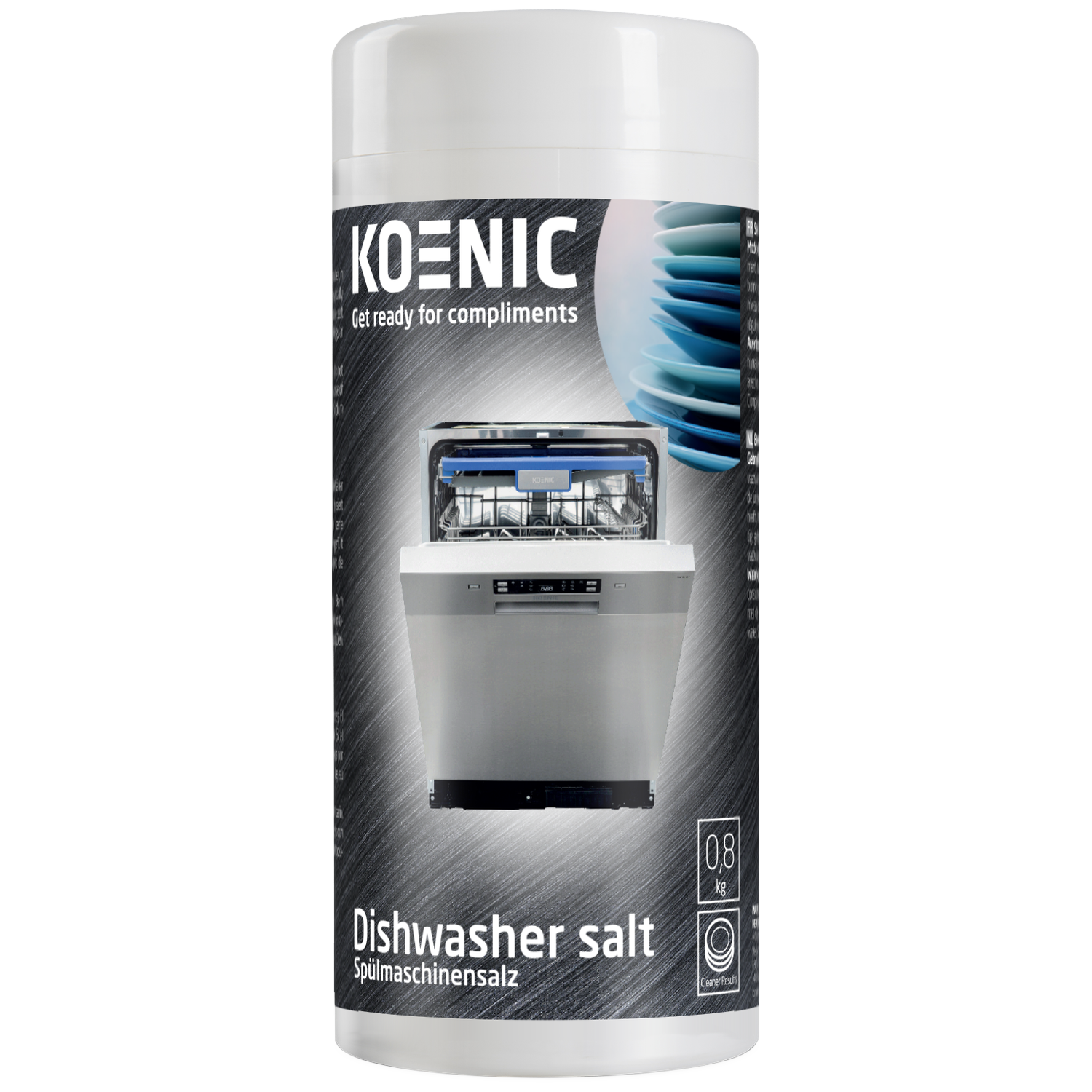 A white cylinder of dishwasher salt displays a dishwasher image and the brand name KOENIC. Text: 'Get ready for compliments'.