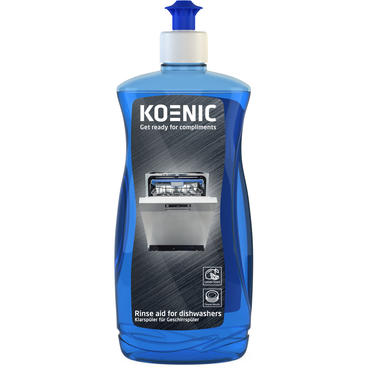 Blue Koenic rinse aid bottle. It has a dishwasher image and text 'Rinse aid for dishwashers'. Lemon scent and cleaner results icons.