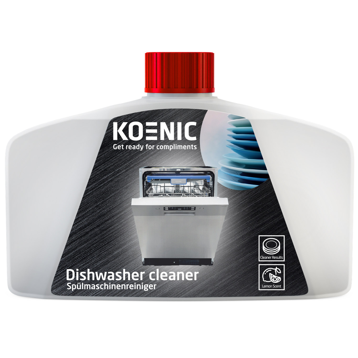 Dishwasher cleaner bottle with a red cap. The bottle shows a dishwasher, plates, and the brand name KOENIC. Lemon scent.