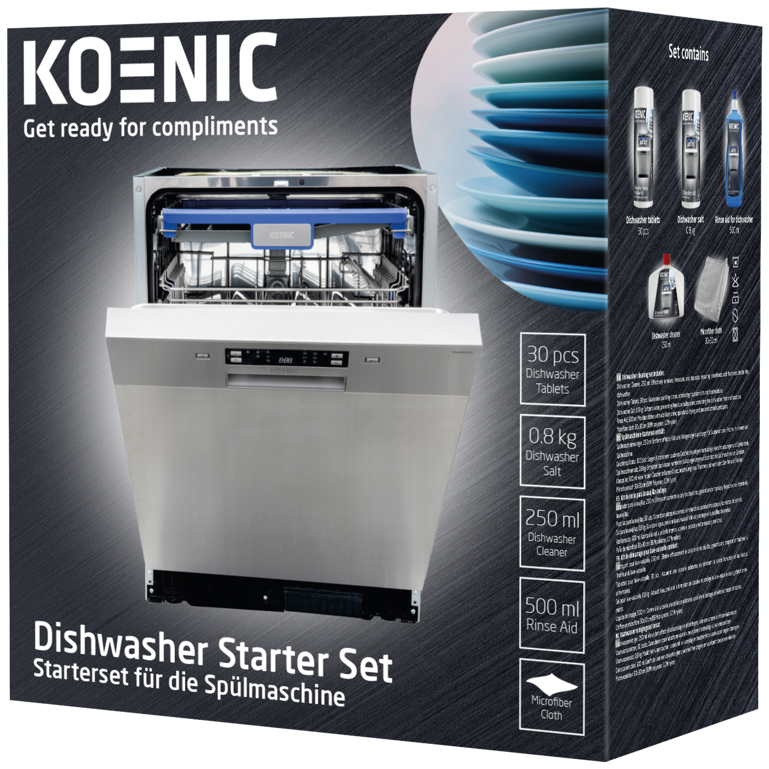 Dishwasher starter set box with dishwasher, tablets, salt, cleaner, rinse aid, and a microfiber cloth.