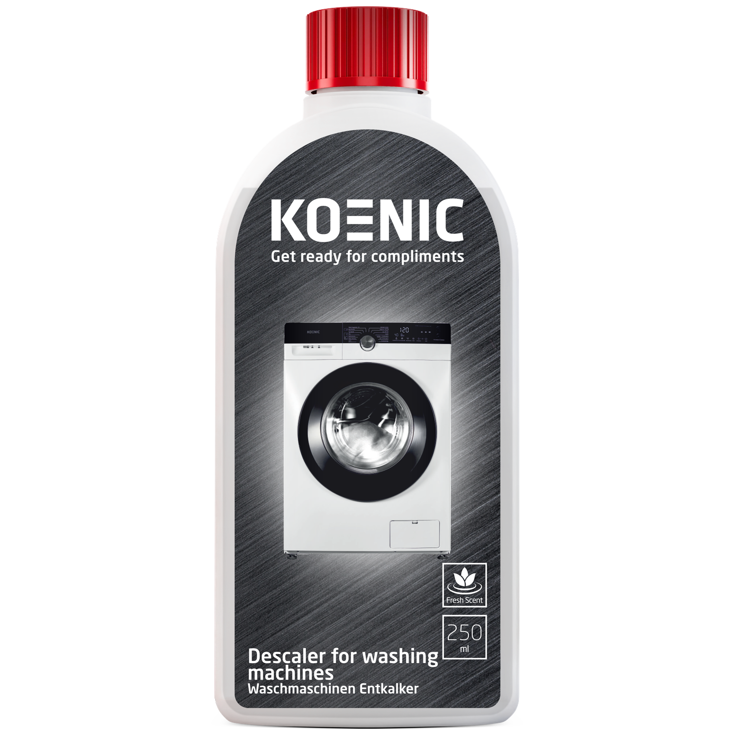 A white bottle of Koenic descaler for washing machines. It features a washing machine image, with the text 'Fresh Scent' and '250 ml'.