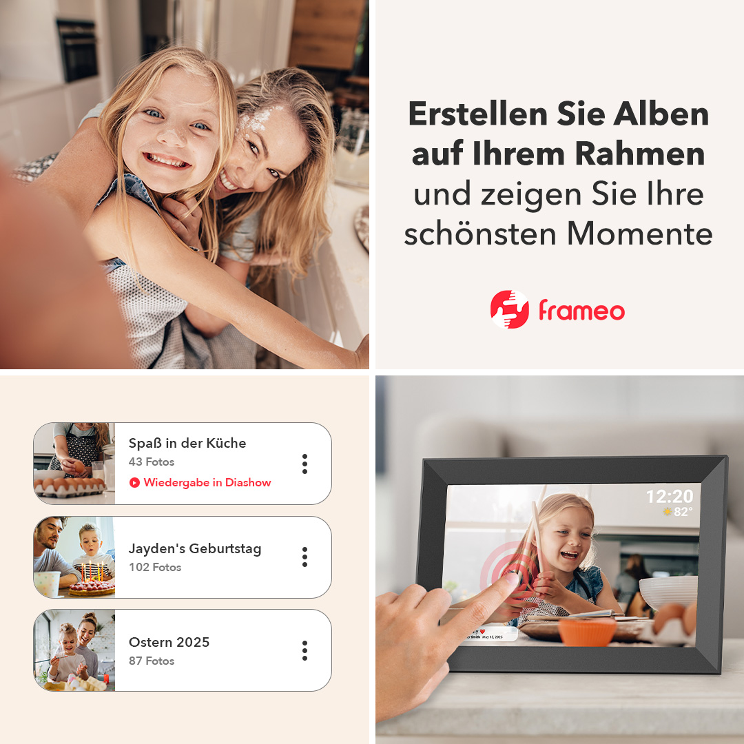 Mutter und Tochter lächeln, mit Mehl bedeckt. Ein digitaler Rahmen zeigt ein Foto. Text: Erstellen Sie Alben auf Ihrem Rahmen.