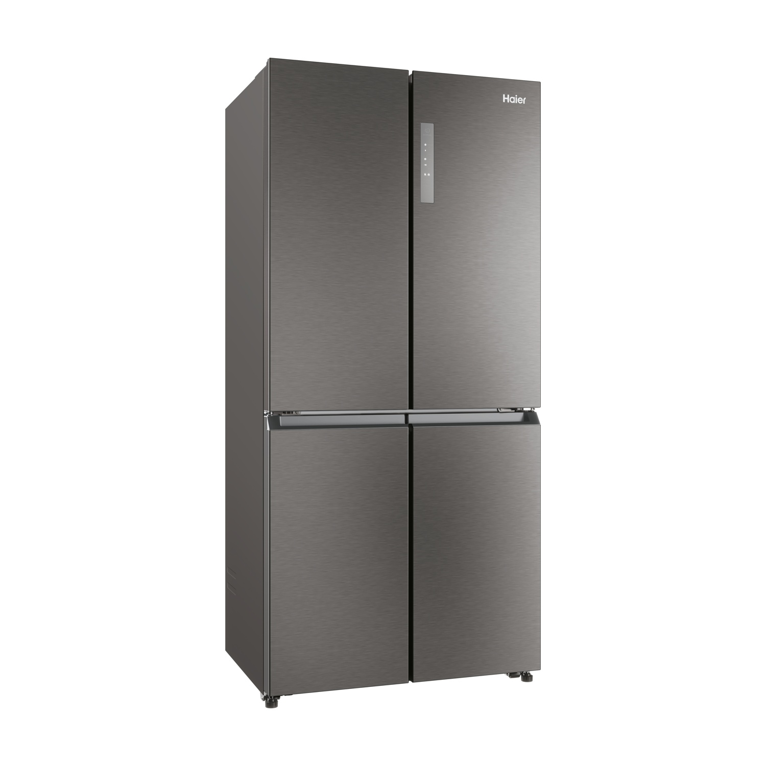 Un frigorifero Haier grigio scuro con quattro porte. Il logo Haier è visibile sulla porta in alto a destra.
