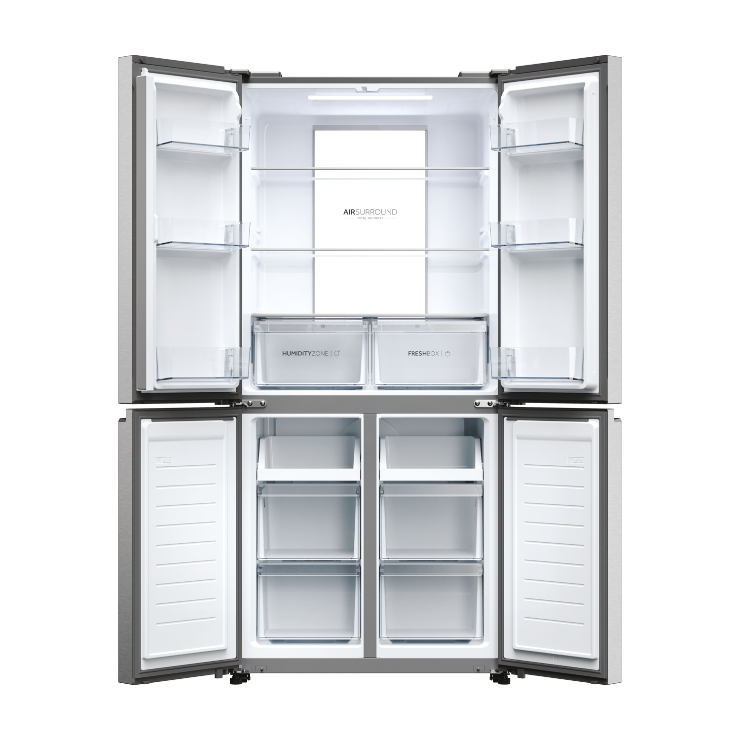 Frigorifero aperto, esterno in acciaio inox. Interno con ripiani, cassetti e sezioni etichettate. Porte aperte.