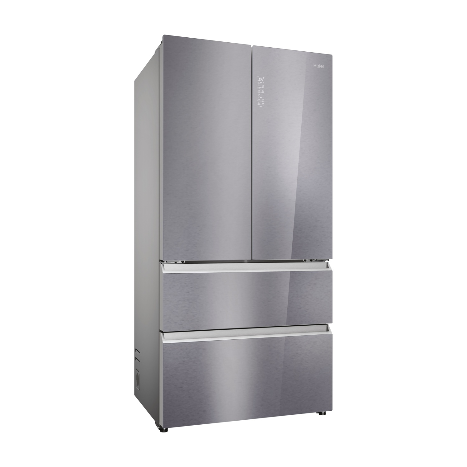 Un frigorifero Haier in acciaio inossidabile con quattro porte. Le porte superiori si aprono, quelle inferiori sono cassetti.