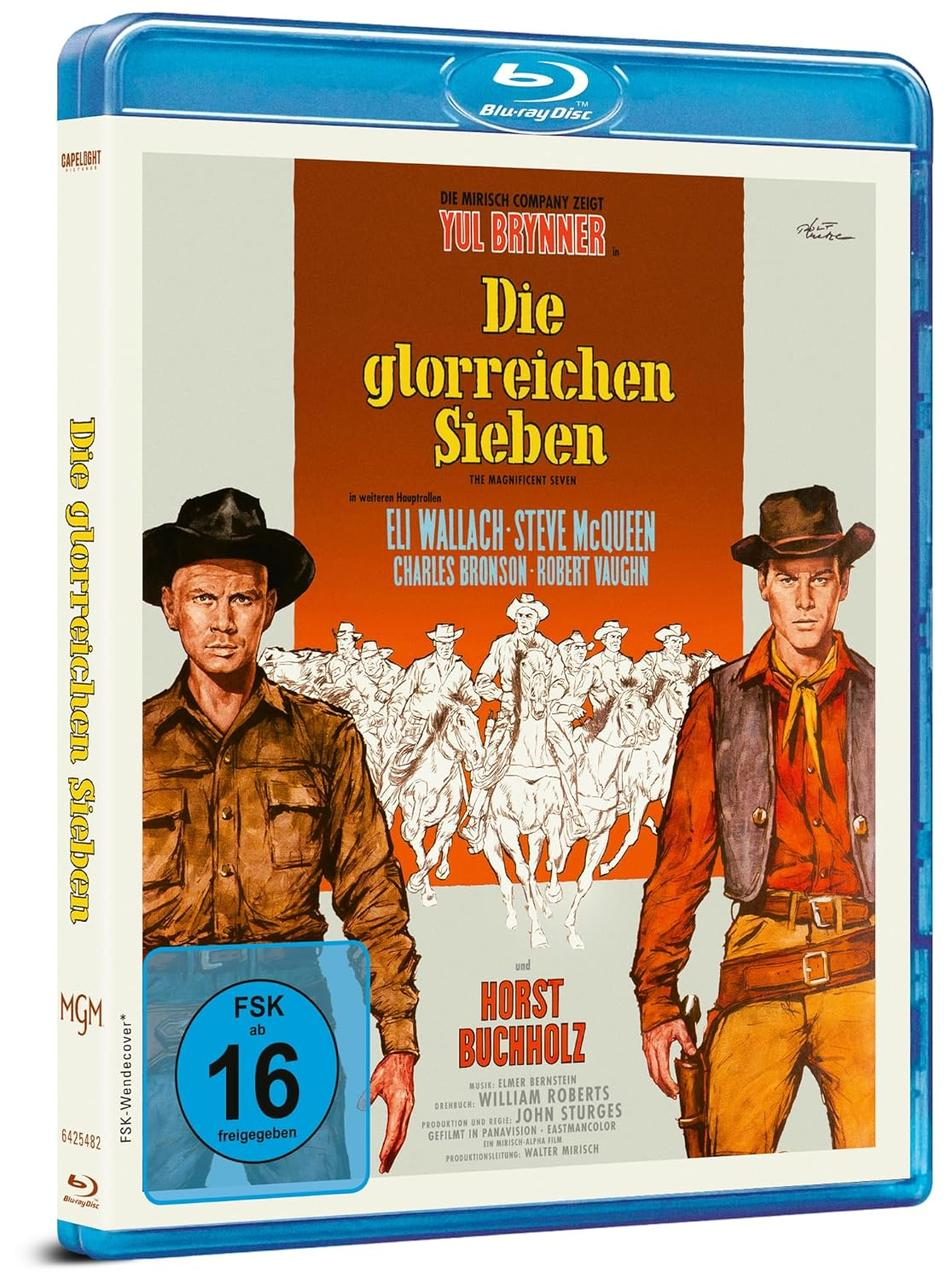 Blu-ray-Disc-Cover von 'Die glorreichen Sieben'. Zeigt Schauspieler in Cowboyhüten, Pferde und den Titel auf Deutsch.