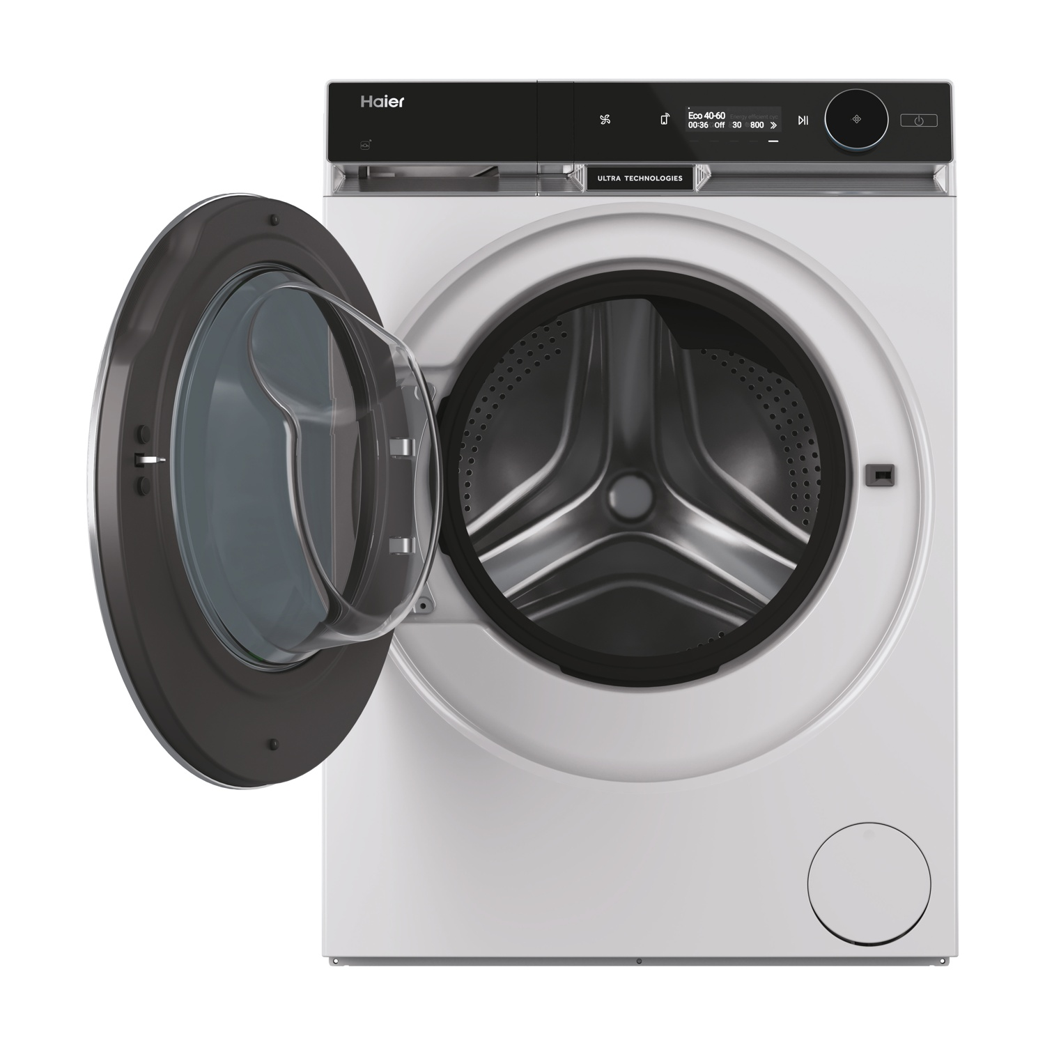 Una lavatrice Haier bianca con porta aperta. La porta ha un bordo grigio scuro e un pannello di vetro trasparente.
