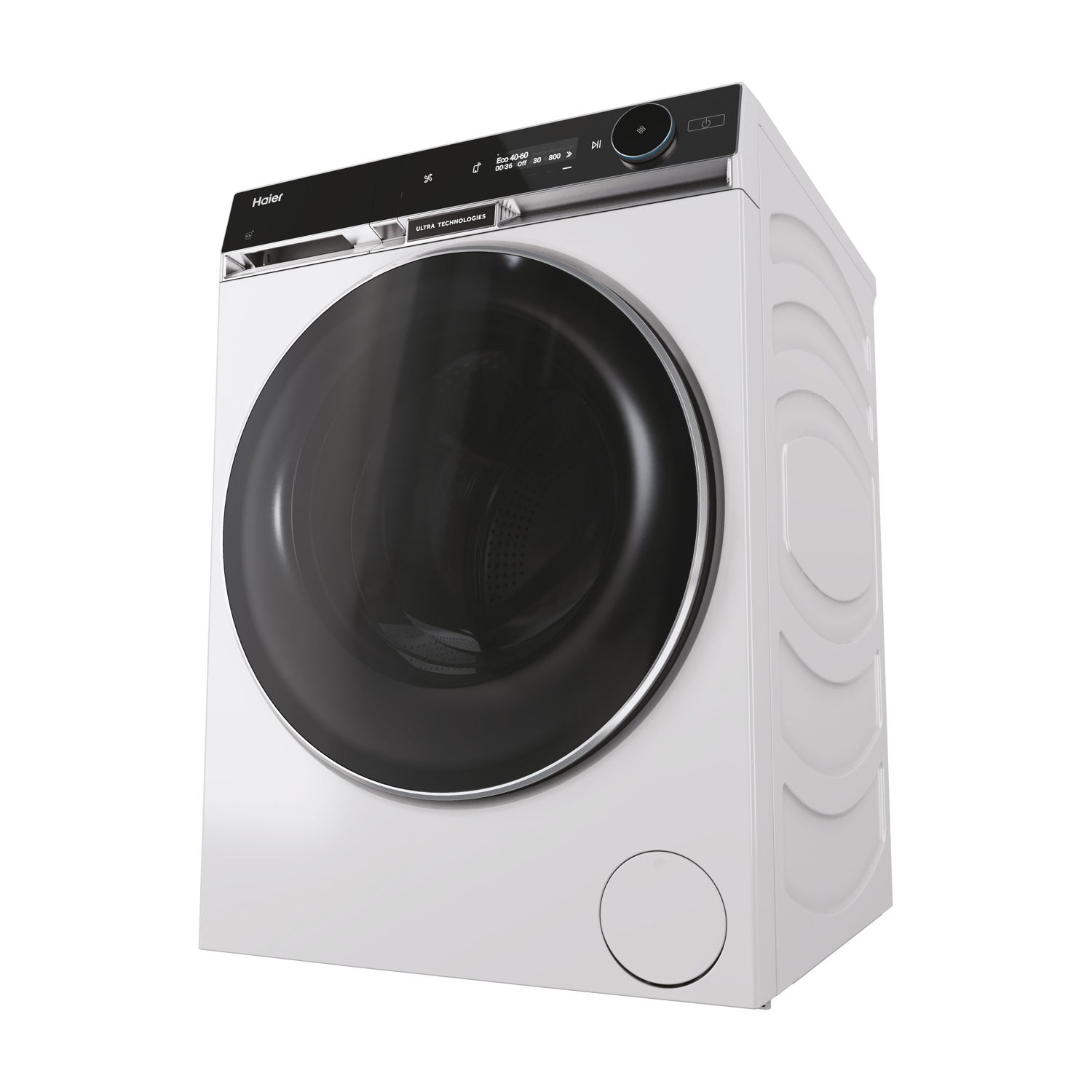 Una lavatrice Haier bianca con porta e pannello di controllo neri, con marchio Ultra Technologies. La macchina è su sfondo bianco.
