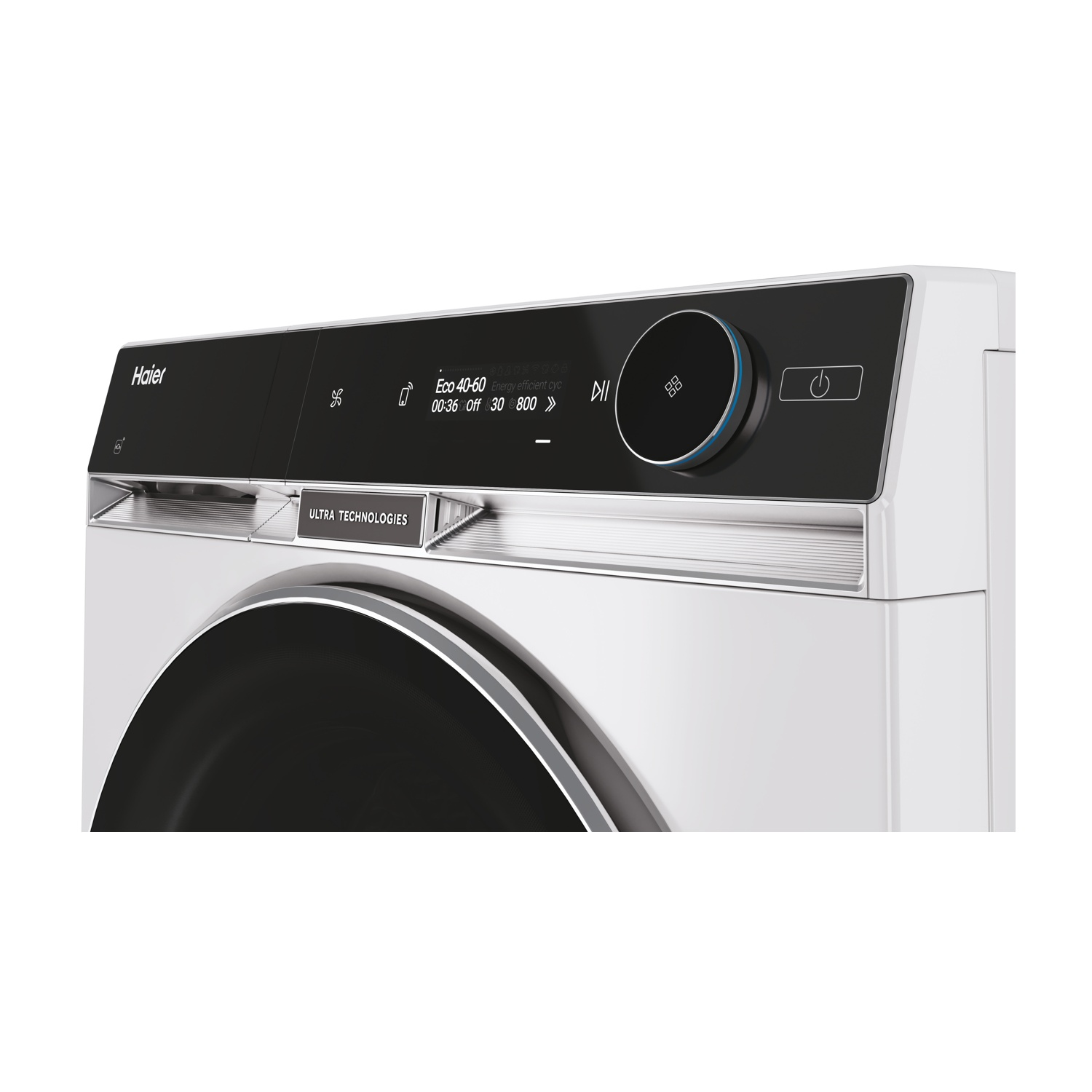 Una lavatrice Haier bianca con pannello comandi nero. Ha un quadrante, un display digitale e il logo Ultra Technologies.