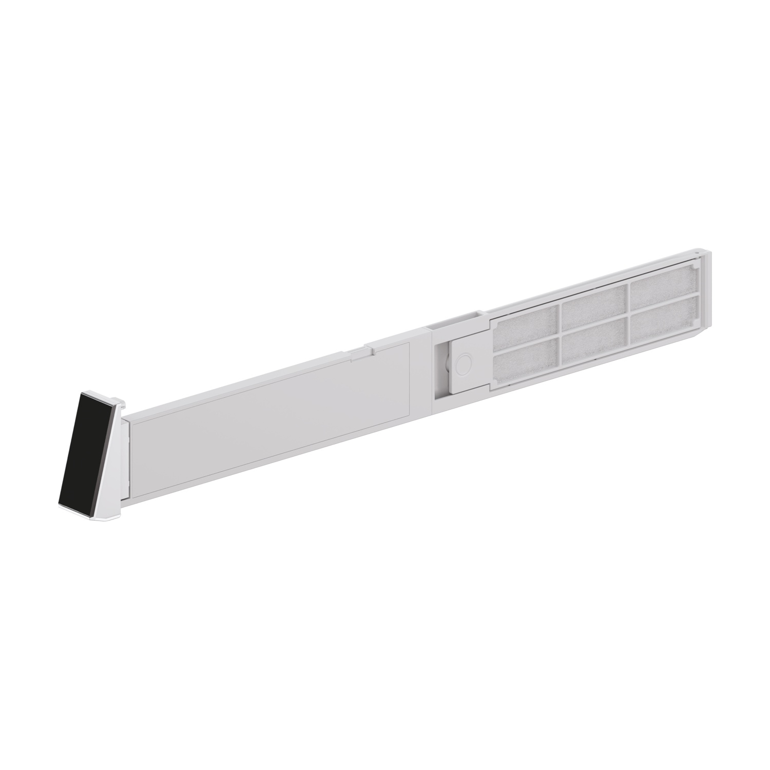 Un oggetto rettangolare bianco con un pezzo nero angolato a sinistra e un filtro a destra, su sfondo bianco.