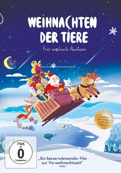 Ein Cartoon-Poster zeigt den Weihnachtsmann in einem von Rentieren gezogenen Schlitten. Andere Tiere und Kinder fahren mit. Der Titel lautet 'Weihnachten der Tiere'.