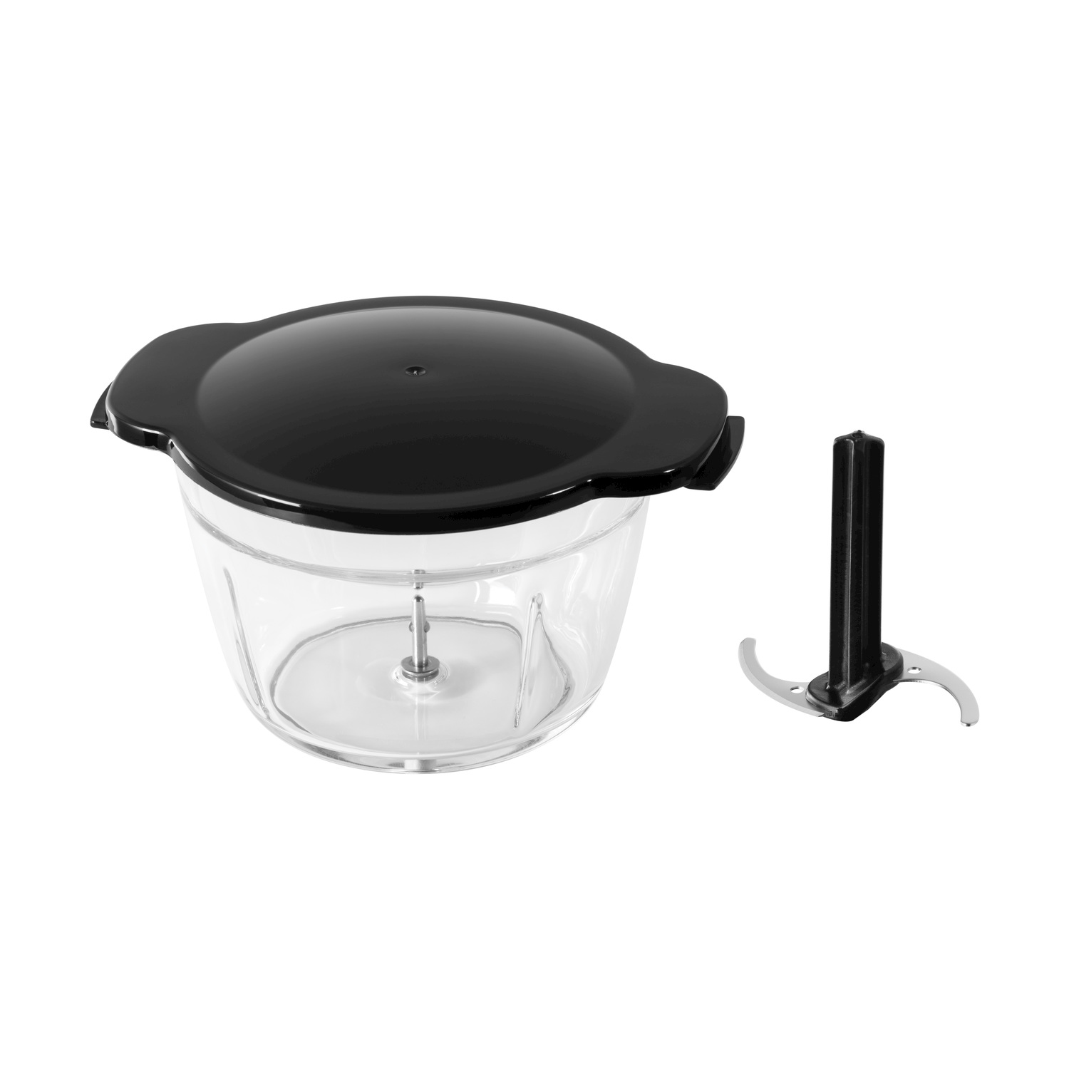Un robot da cucina con una ciotola trasparente e coperchio nero. A destra, un gruppo lame separato. Tutto su sfondo bianco.