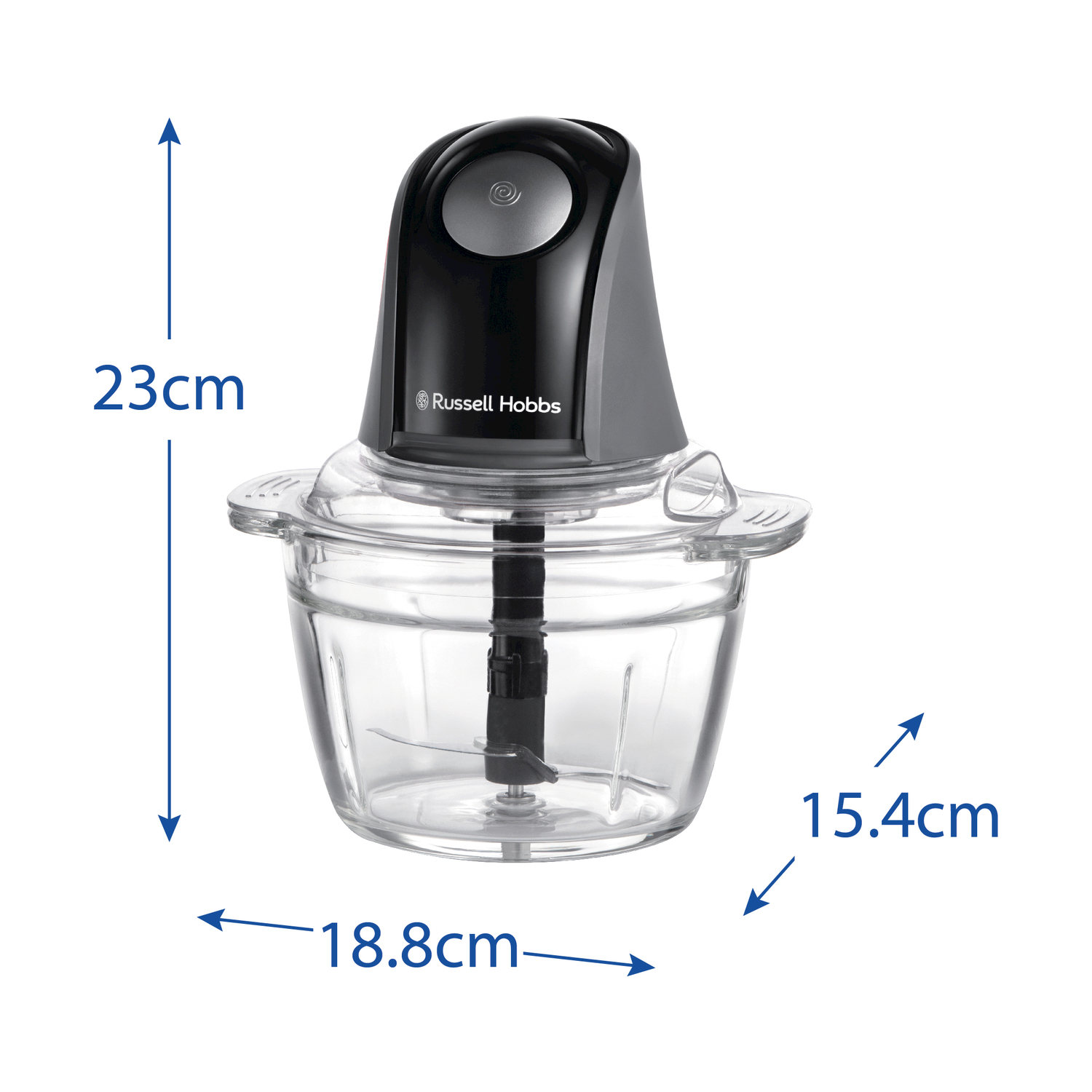 Un tritatutto Russell Hobbs nero e grigio con una ciotola di vetro. Dimensioni: 23 cm di altezza, 18,8 cm di larghezza e 15,4 cm di profondità.
