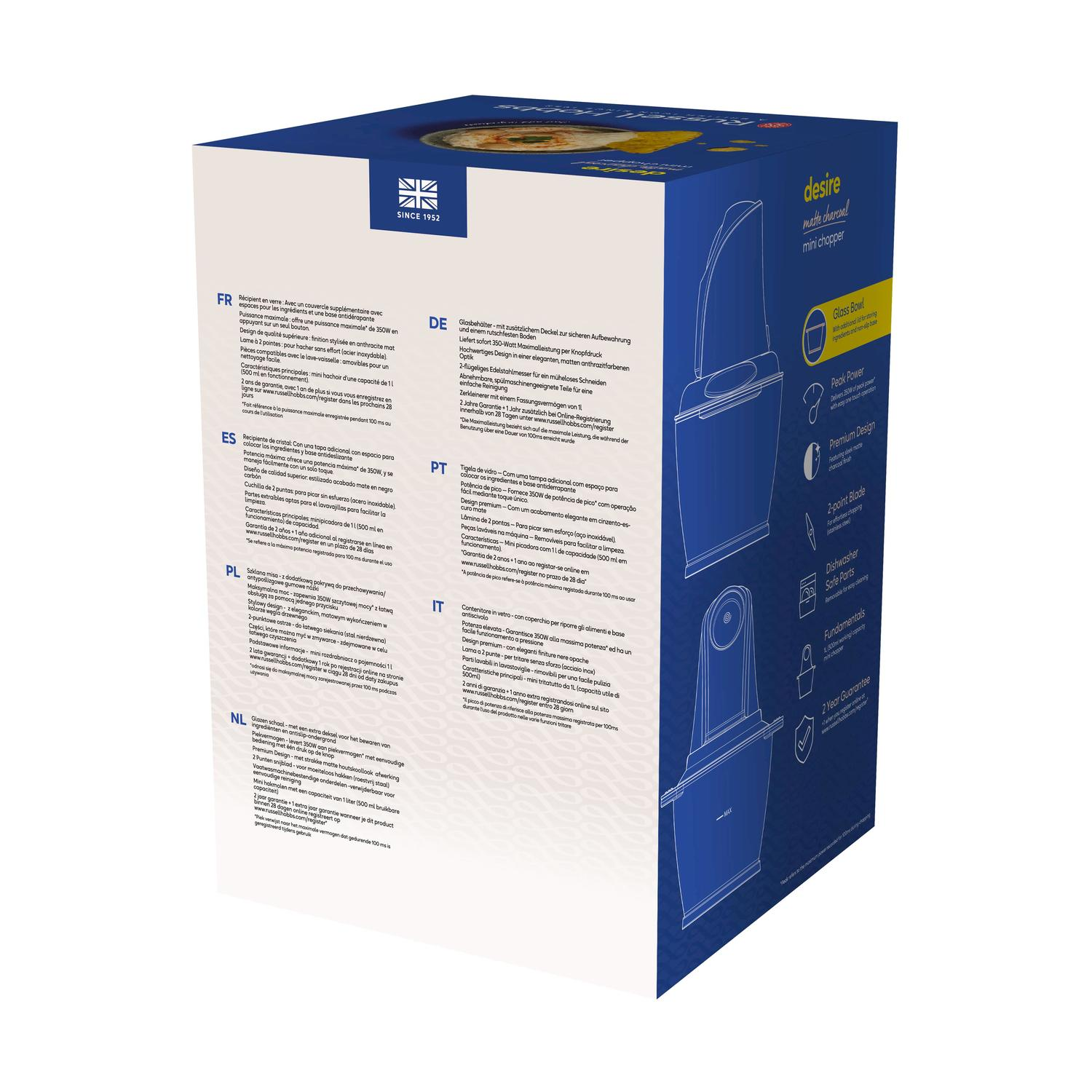Scatola con mini chopper, testo multilingue e caratteristiche del prodotto visualizzate.