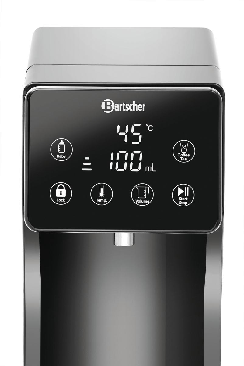 Ein schwarz-silberner Bartscher Wasserspender. Das Display zeigt 45°C, 100 ml und Optionen für Baby, Kaffee/Tee, Schloss, Temp, Volumen und Start/Stopp.
