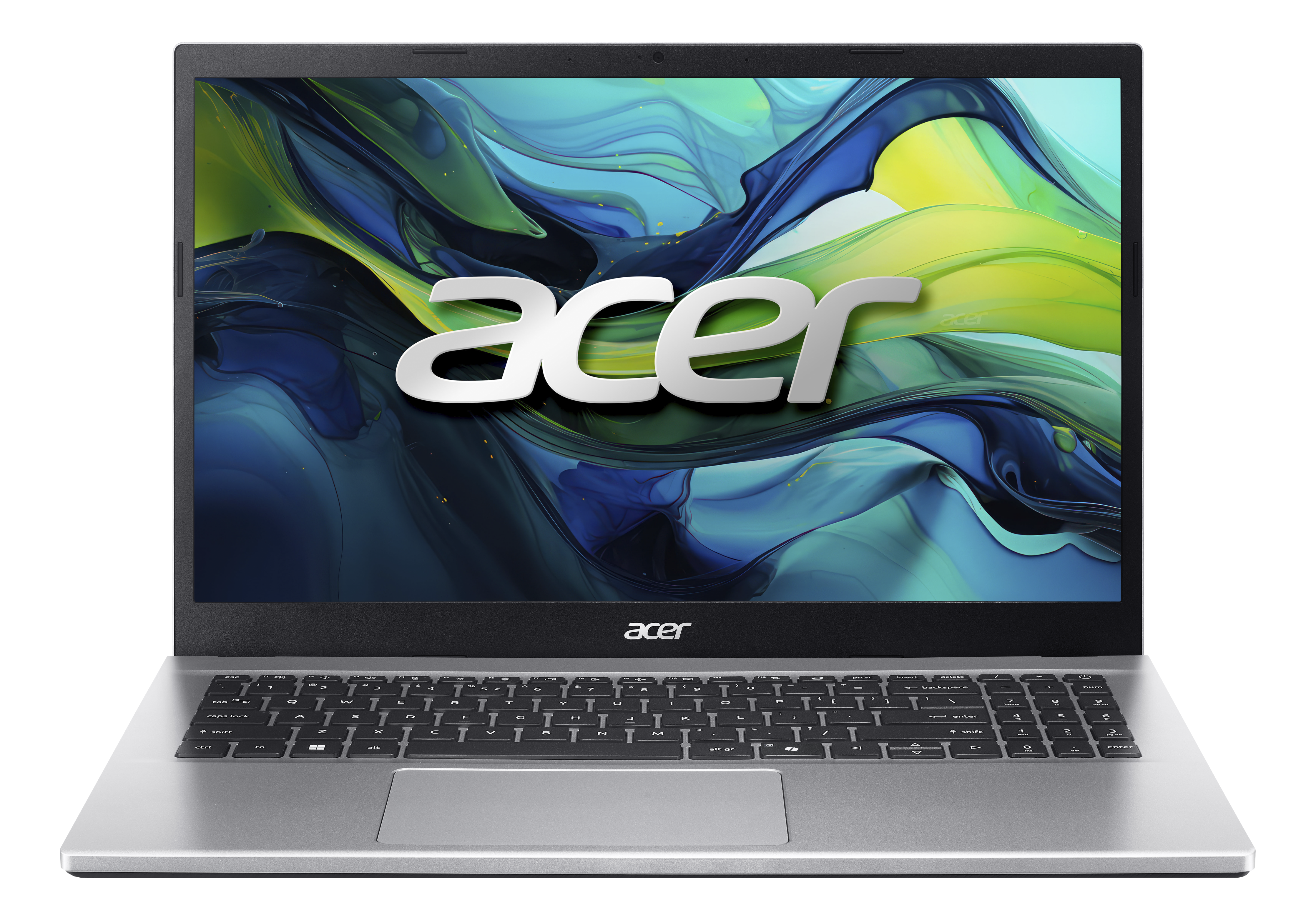 Ordinateur portable Acer argenté avec le logo Acer sur l'écran. L'écran affiche un design abstrait. Fond noir.