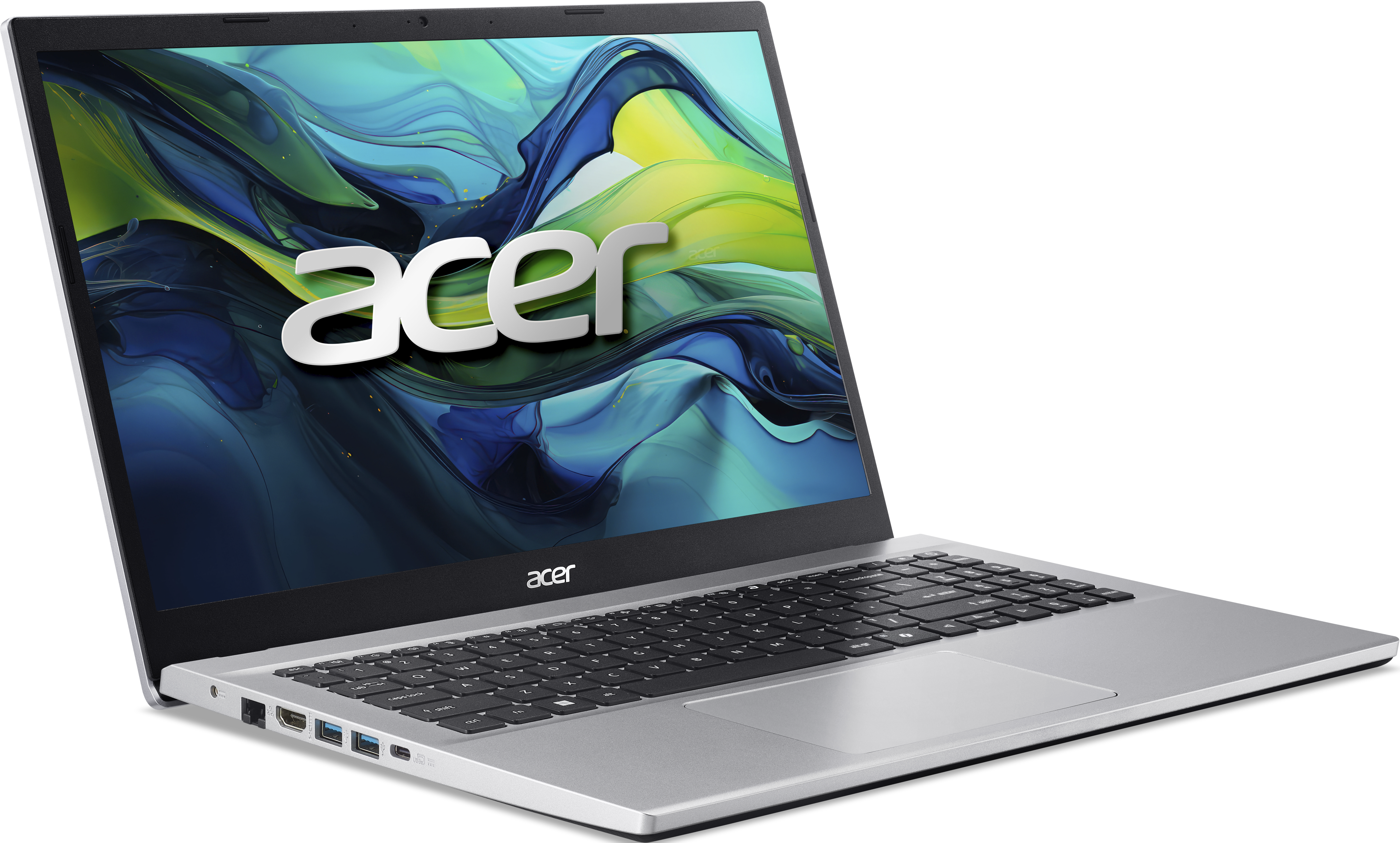 Ordinateur portable Acer argenté sur fond noir, écran avec design abstrait coloré, logo Acer blanc.