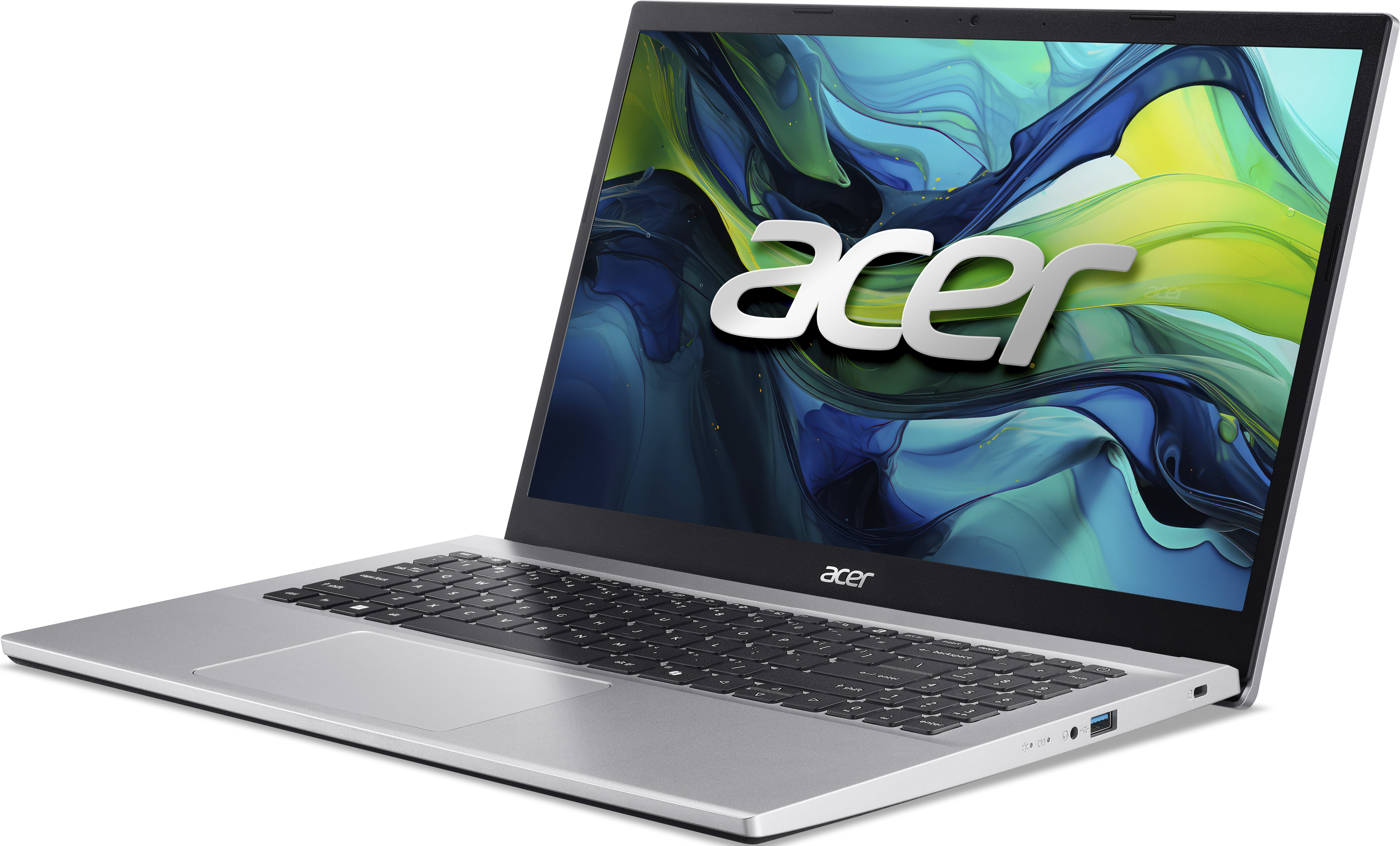 Ordinateur portable Acer argenté ouvert sur fond noir. L'écran affiche une image abstraite colorée avec le logo Acer.