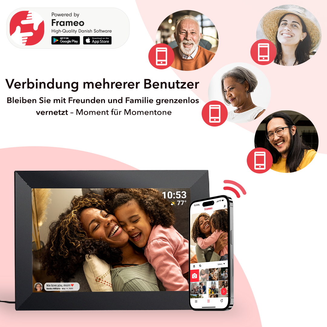 Ein digitaler Bilderrahmen zeigt Mutter und Tochter. Smartphones zeigen Fotos, Icons zeigen Familienmitglieder.