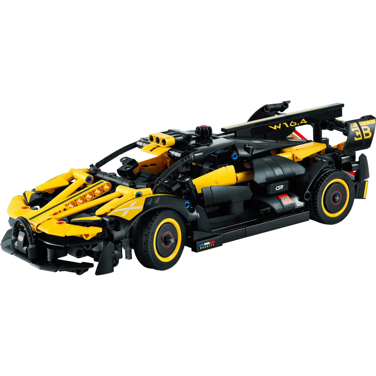 Een Lego-model van een geel en zwarte Bugatti-auto. Het heeft gedetailleerde kenmerken zoals een spoiler en racebanden, tegen een witte achtergrond.