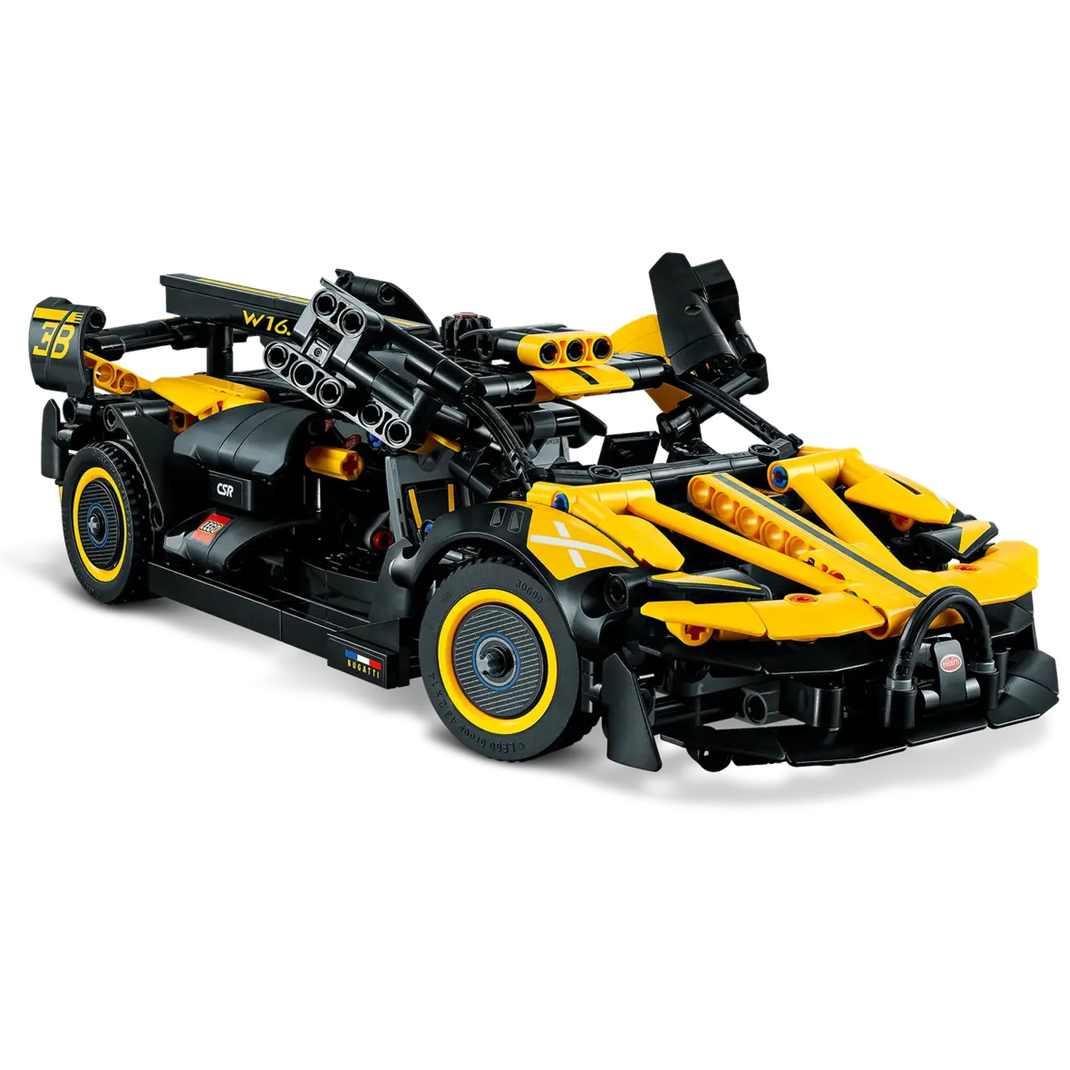 Een gele en zwarte Lego raceauto. De auto heeft nummer 36. Het heeft een spoiler en meerdere uitlaten.