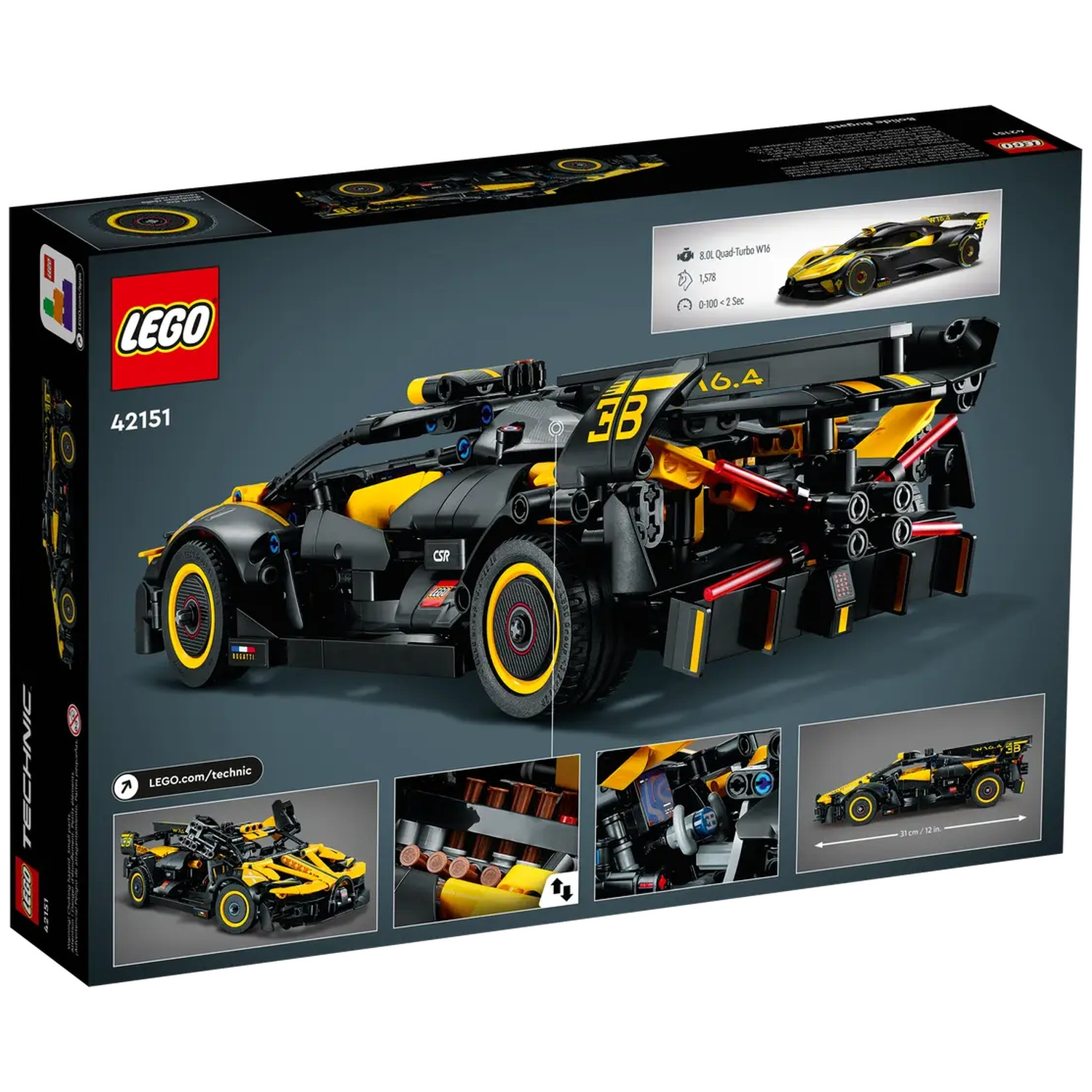 Een Lego Technic-doos toont een zwart en geel raceauto-model. De doos bevat het Lego-logo, modeldetails en de afbeelding van de auto.