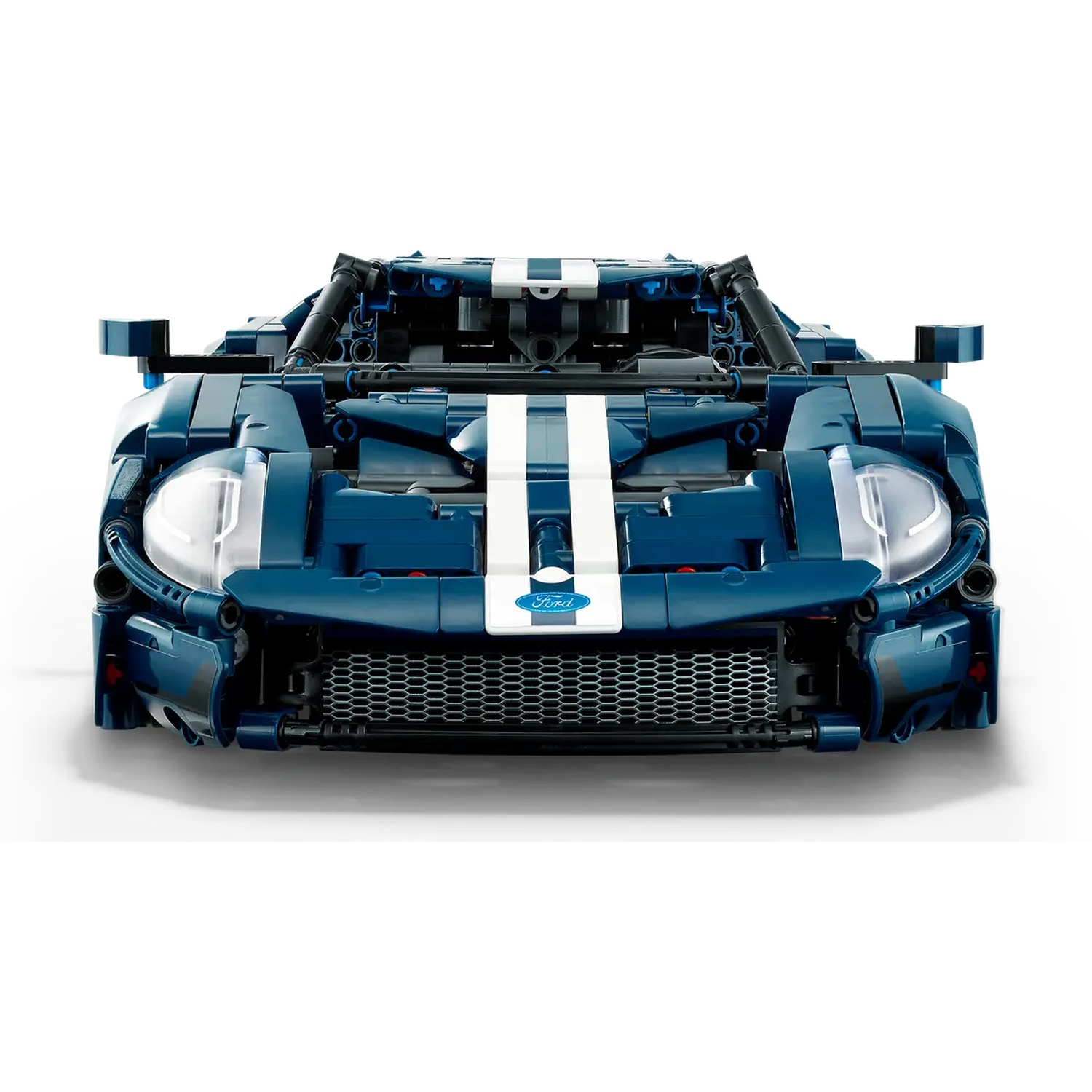A blue Lego Ford GT car, front view. White stripes run down the center. The Ford logo is on the front. Headlights are visible.