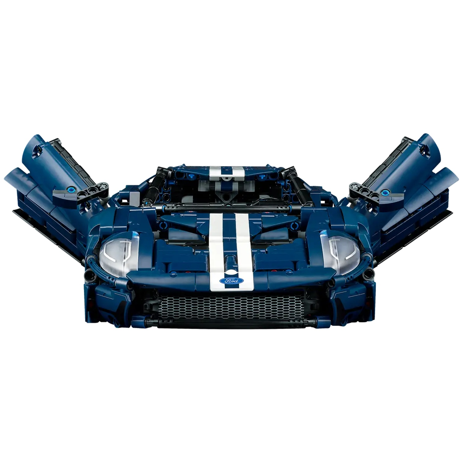 A blue Lego Ford GT model car with open doors. White stripes run down the center. The background is white.