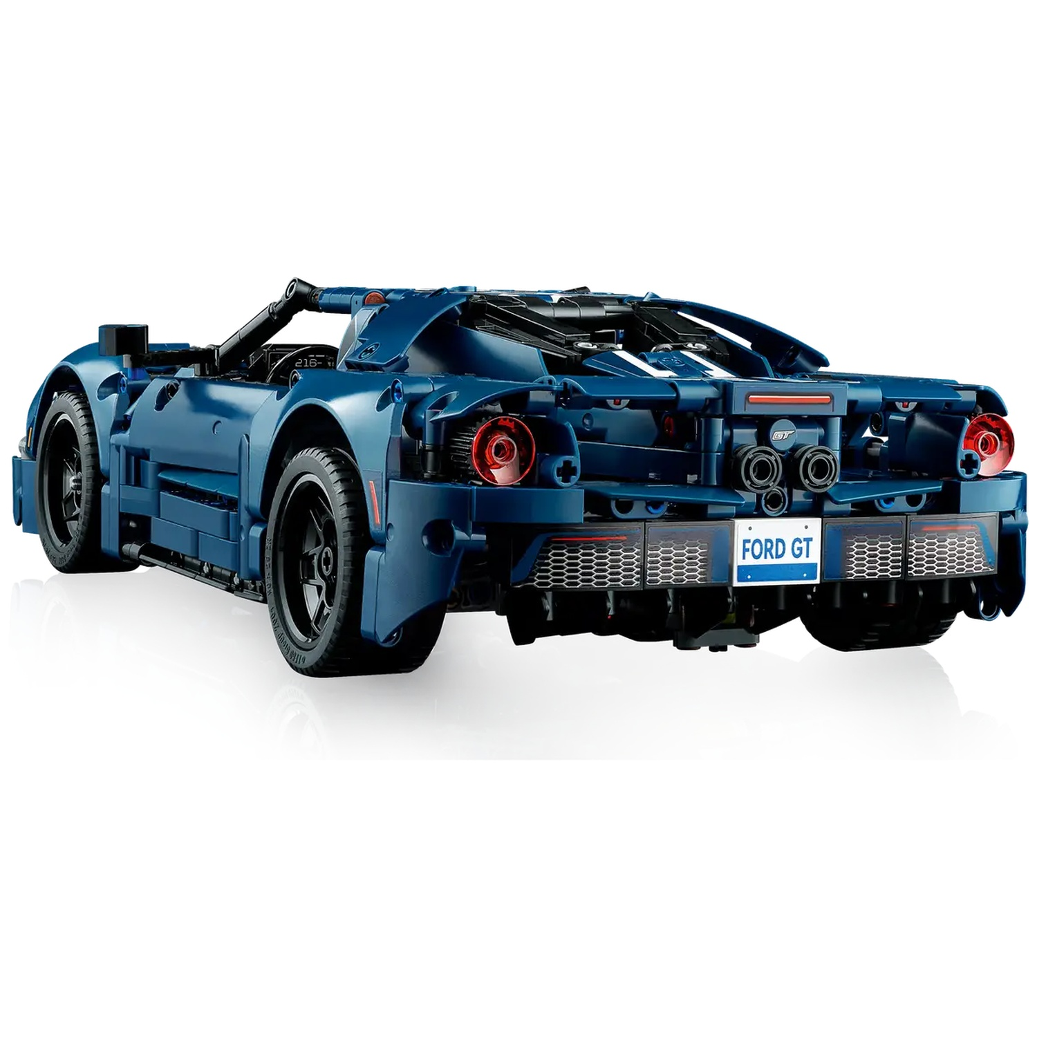 A blue Lego Ford GT car is shown from the rear. It has black wheels, red taillights, and a 'Ford GT' license plate.
