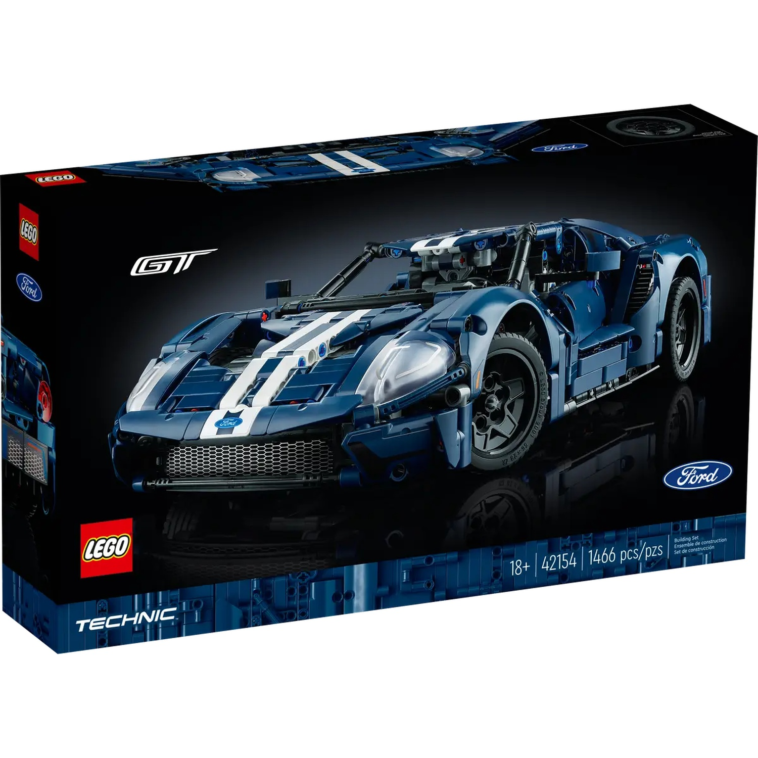 A Lego box features a blue Ford GT model with white stripes. The box has logos of Lego, Ford, and Technic. Details include age 18+ and 1466 pieces.