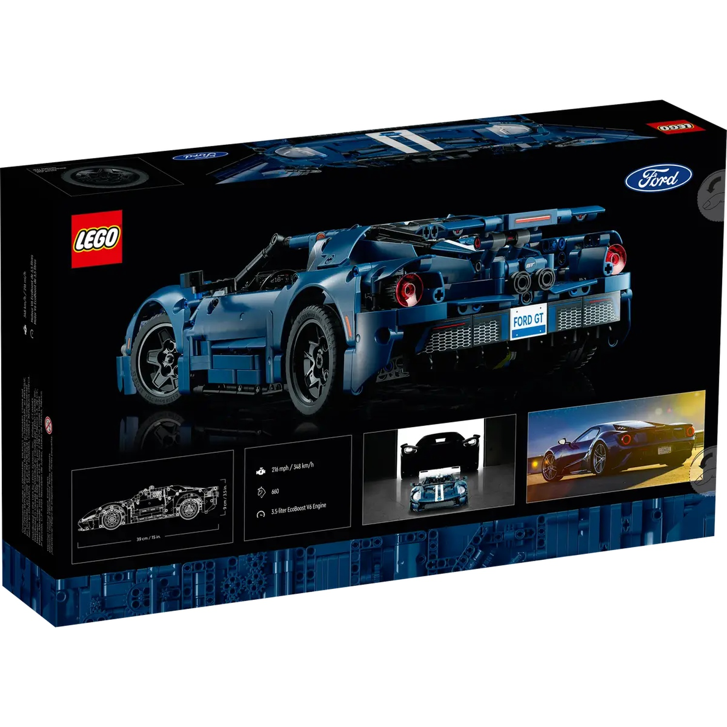 A Lego box shows a blue Ford GT model. The box features the Ford and Lego logos, with detailed images of the car and specifications.