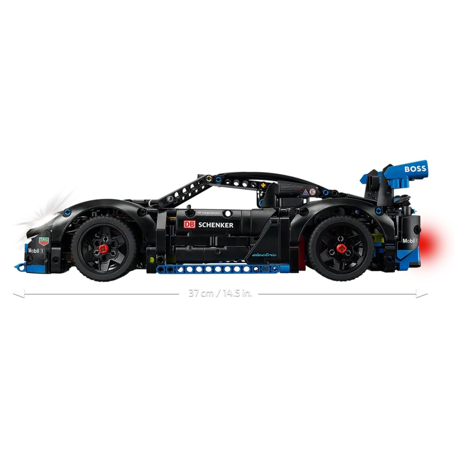 A black Lego sports car with blue accents. It has the DB Schenker logo and a 'BOSS' spoiler. The car is 37 cm long.
