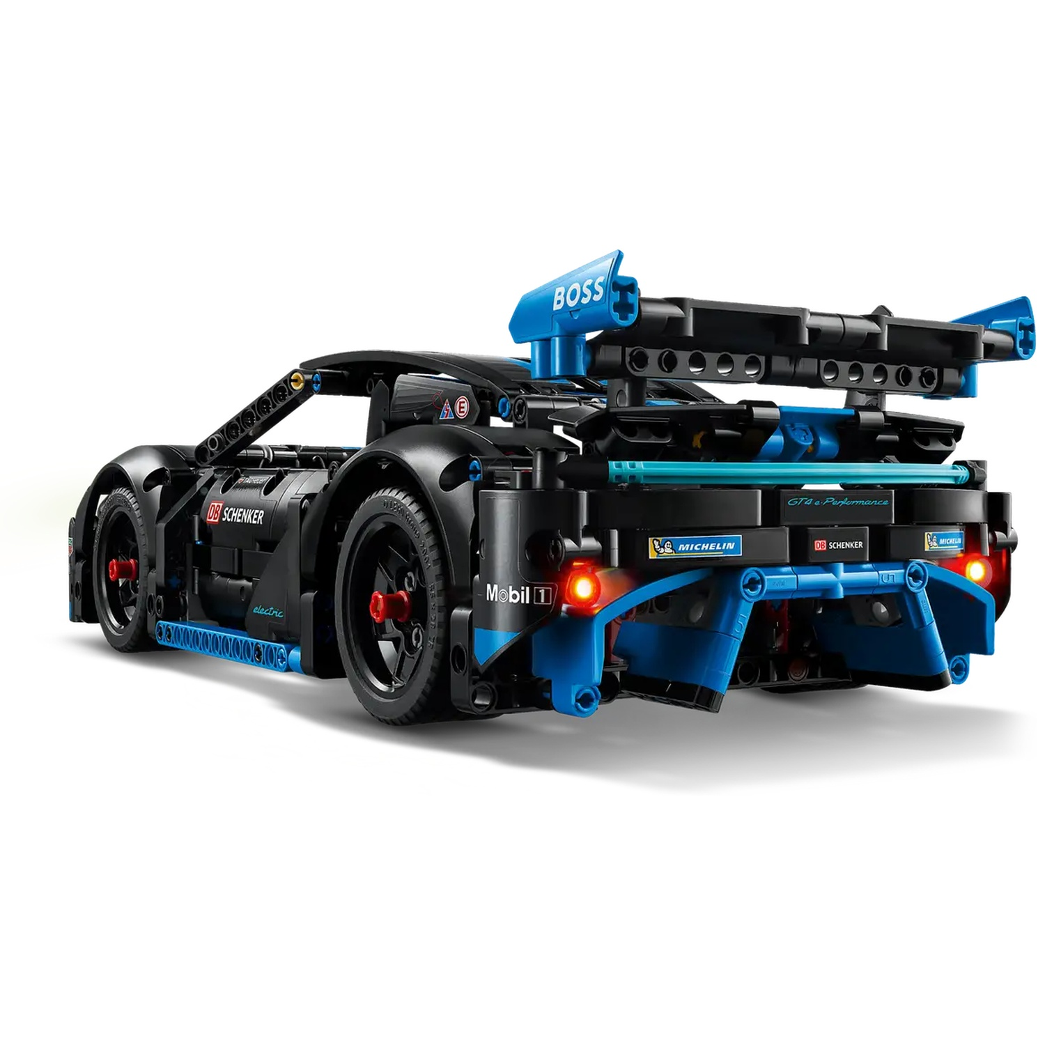 A black and blue Lego car with a large spoiler. It has red lights and various sponsor logos.