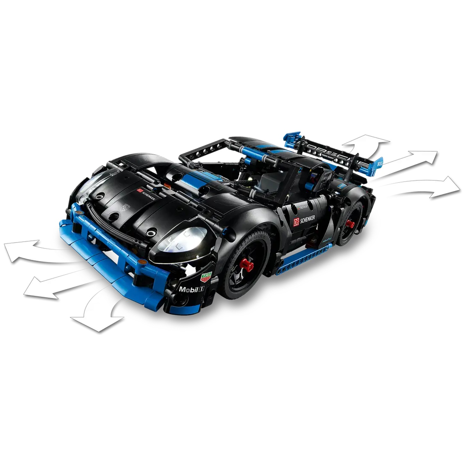 A black and blue toy car with white arrows coming out. It has red wheels and is on a white background.