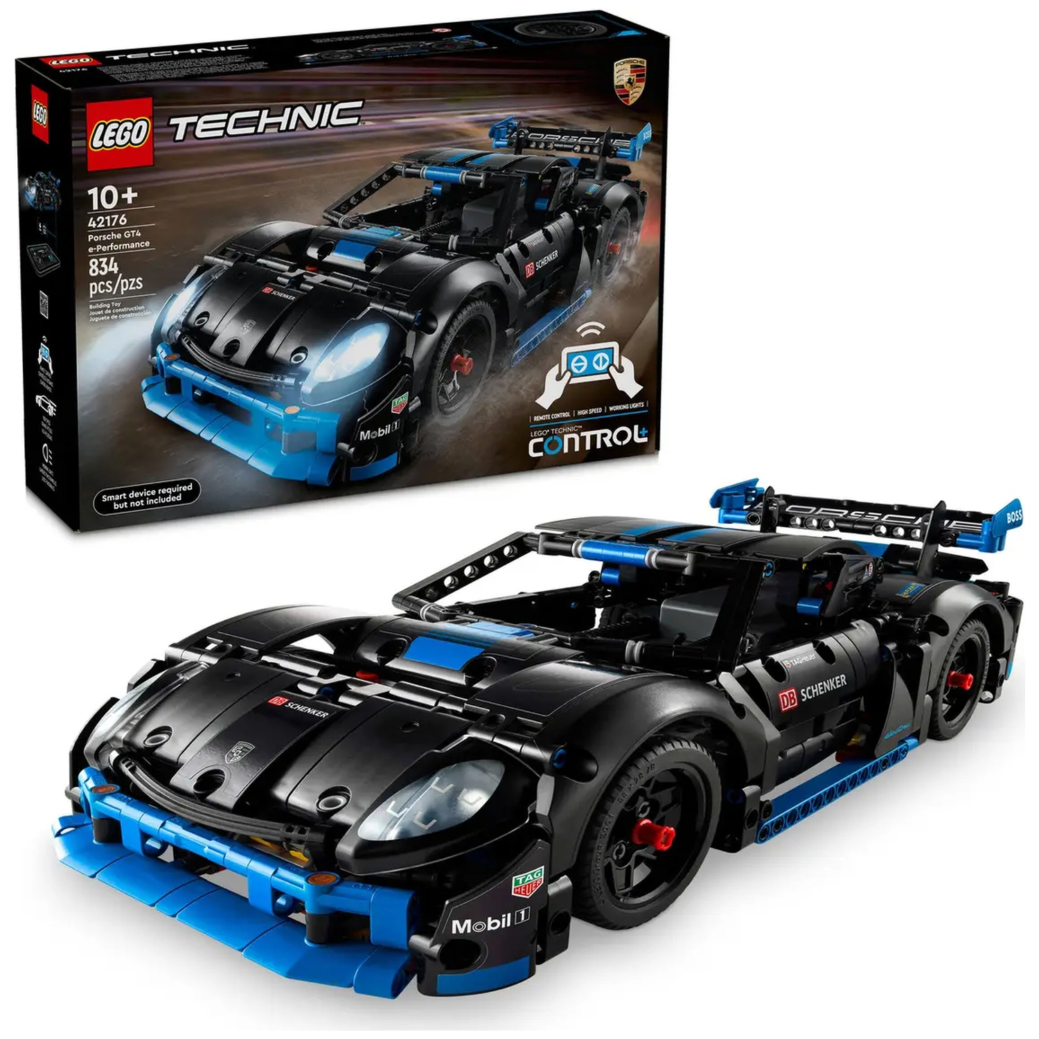 A black and blue Lego Technic Porsche GT4 car model with a box showing the same car. The car has the Mobil 1 logo.