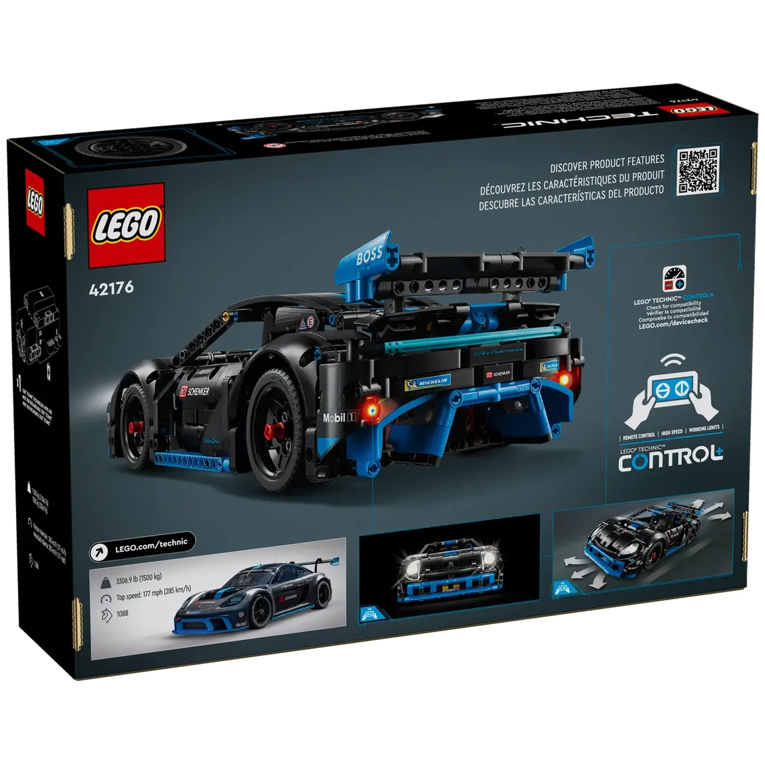 Lego Technic car box, black and blue, with key features and specifications, including remote control and high speed.