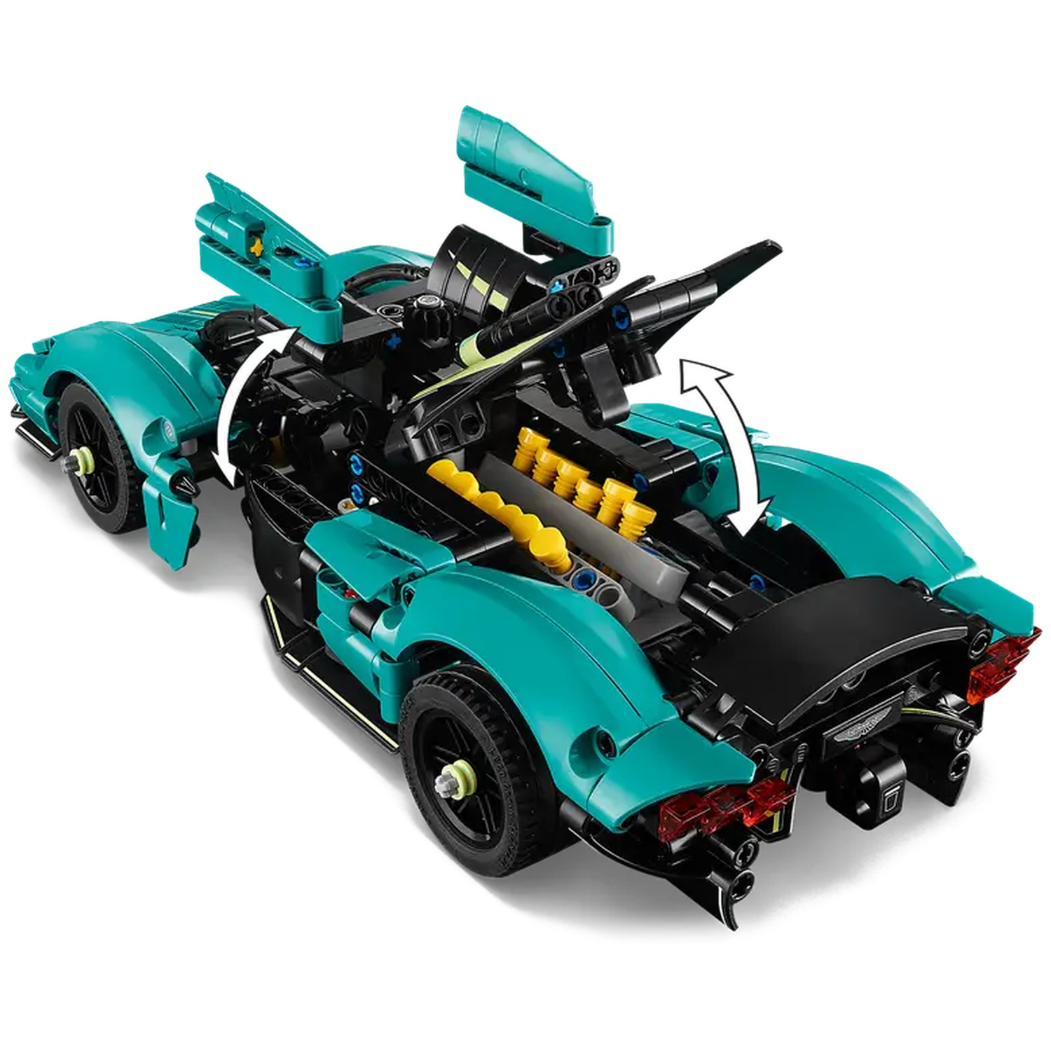 Een turquoise Lego sportwagen met open deuren en motorkap. Zwarte wielen en details zijn zichtbaar. Pijlen geven openingen aan.