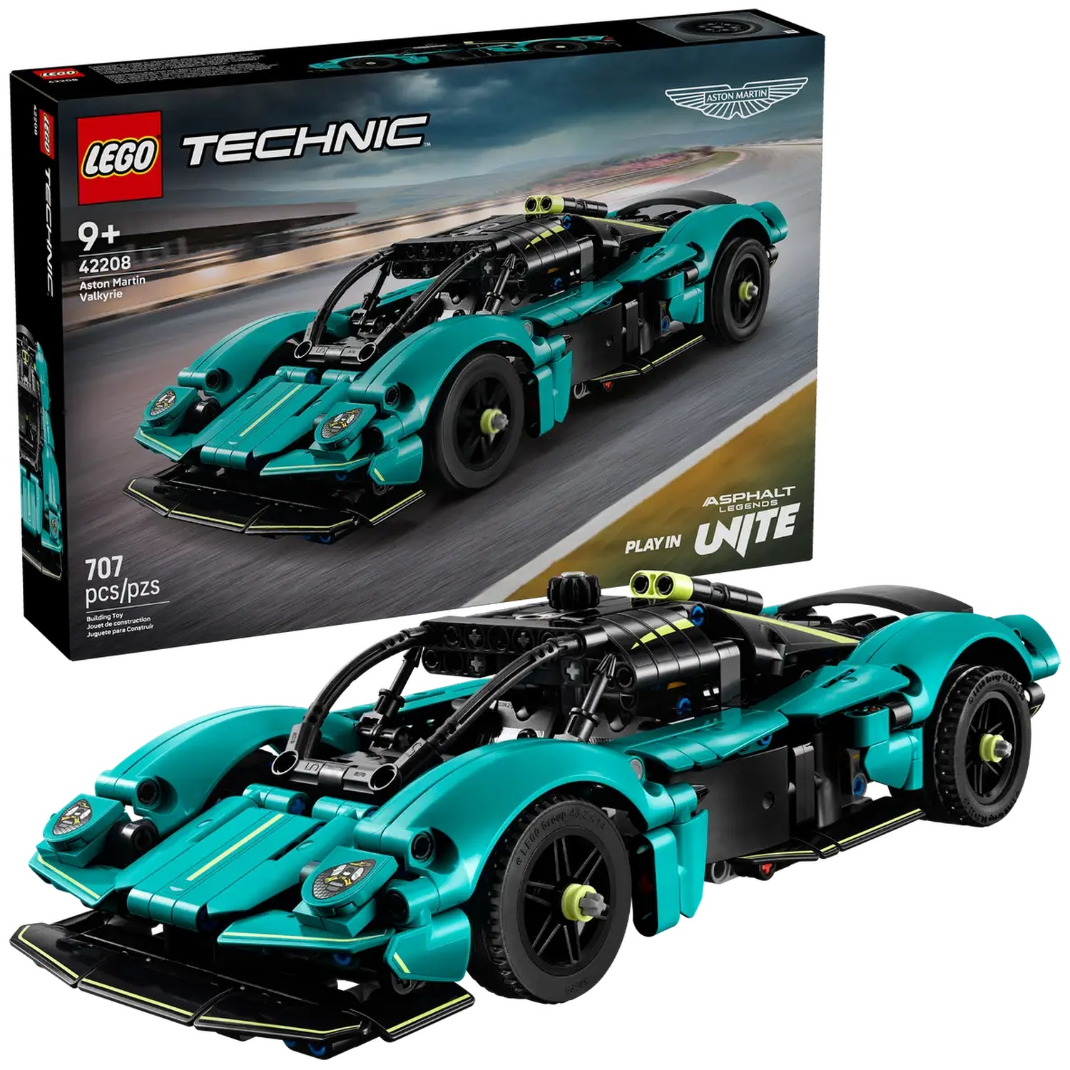 Een Lego Technic Aston Martin Valkyrie model in teal en zwart, met een doos die de auto op een racebaan laat zien.