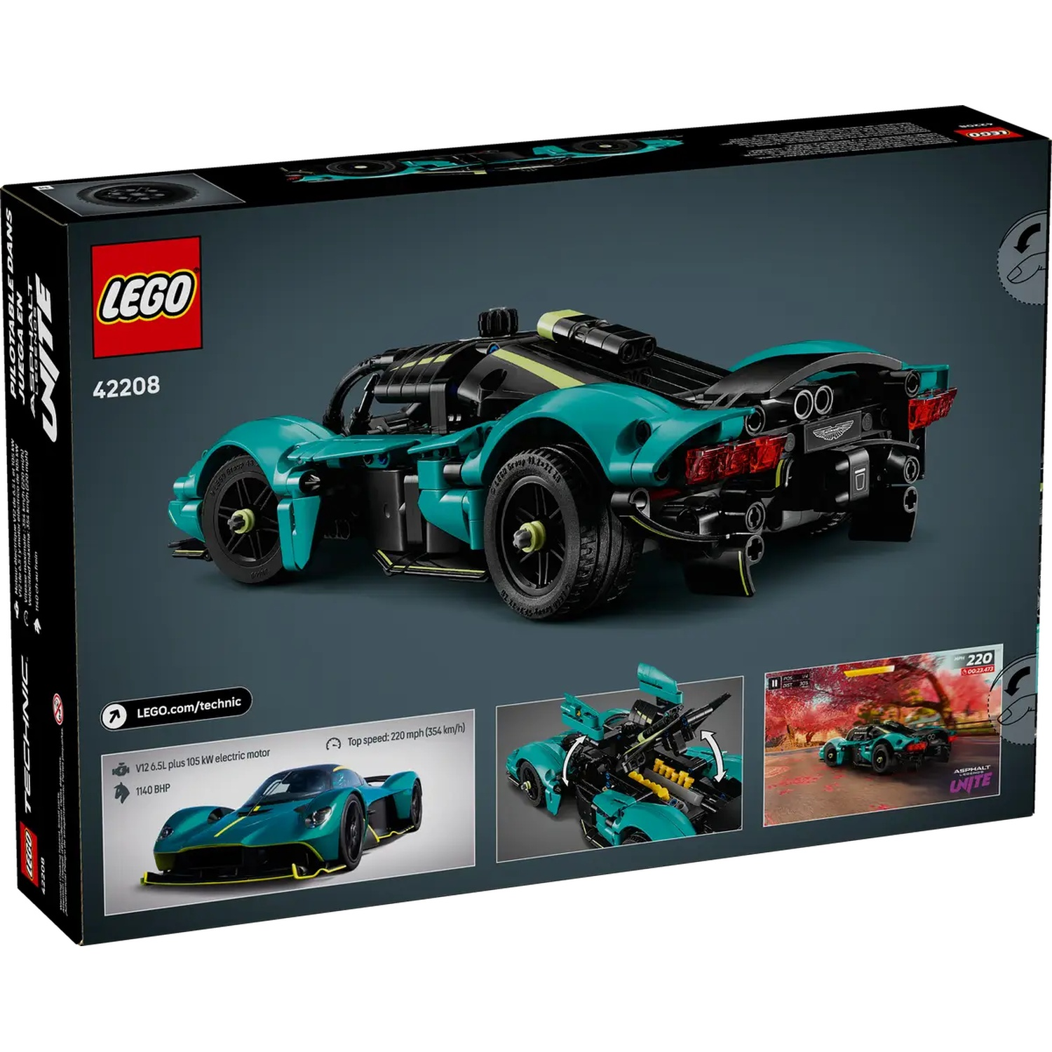 Lego Technic doos. Teal en zwart automodel, met details over de motor, snelheid en andere kenmerken.