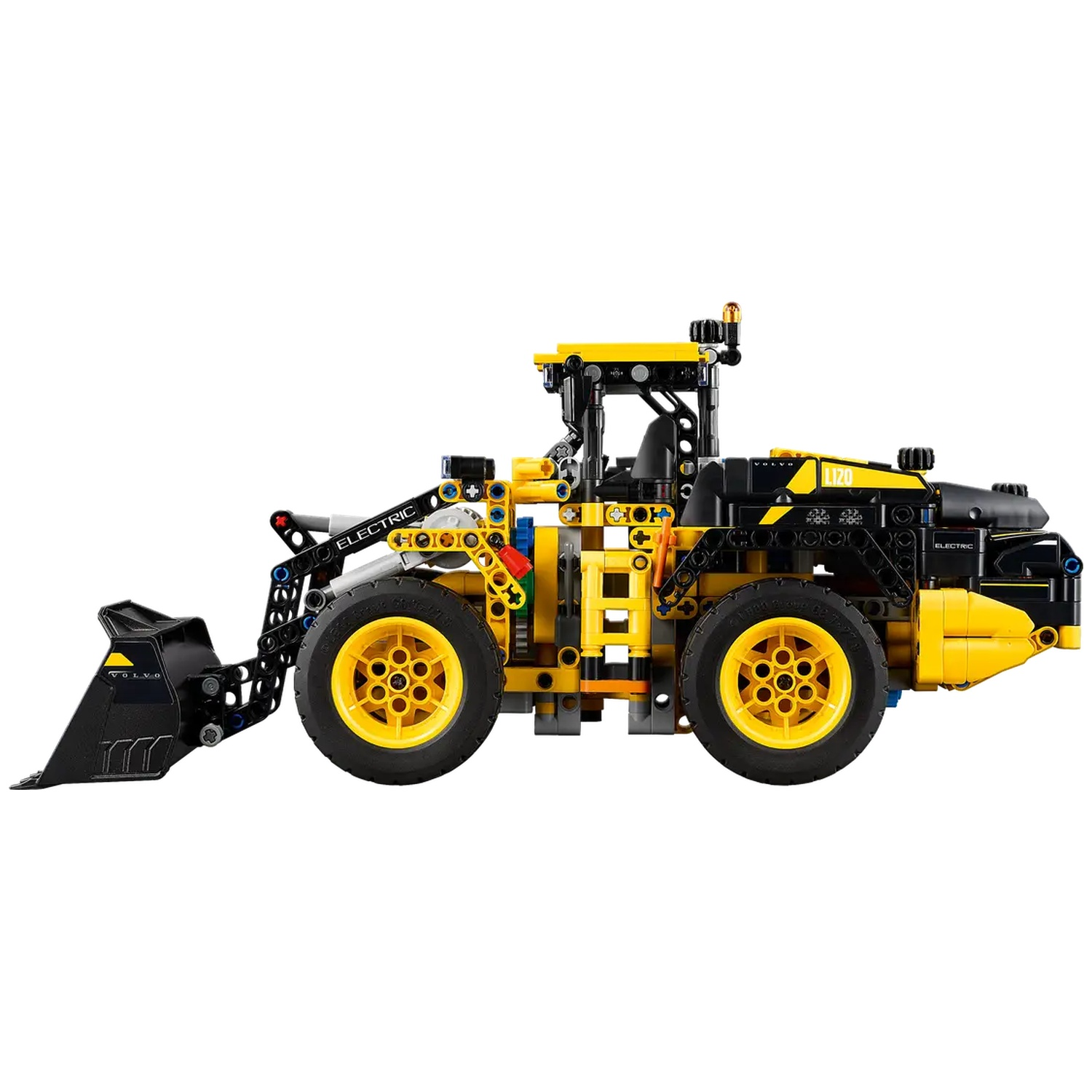 A yellow and black Lego construction vehicle. It has a front bucket, two wheels and a cabin.