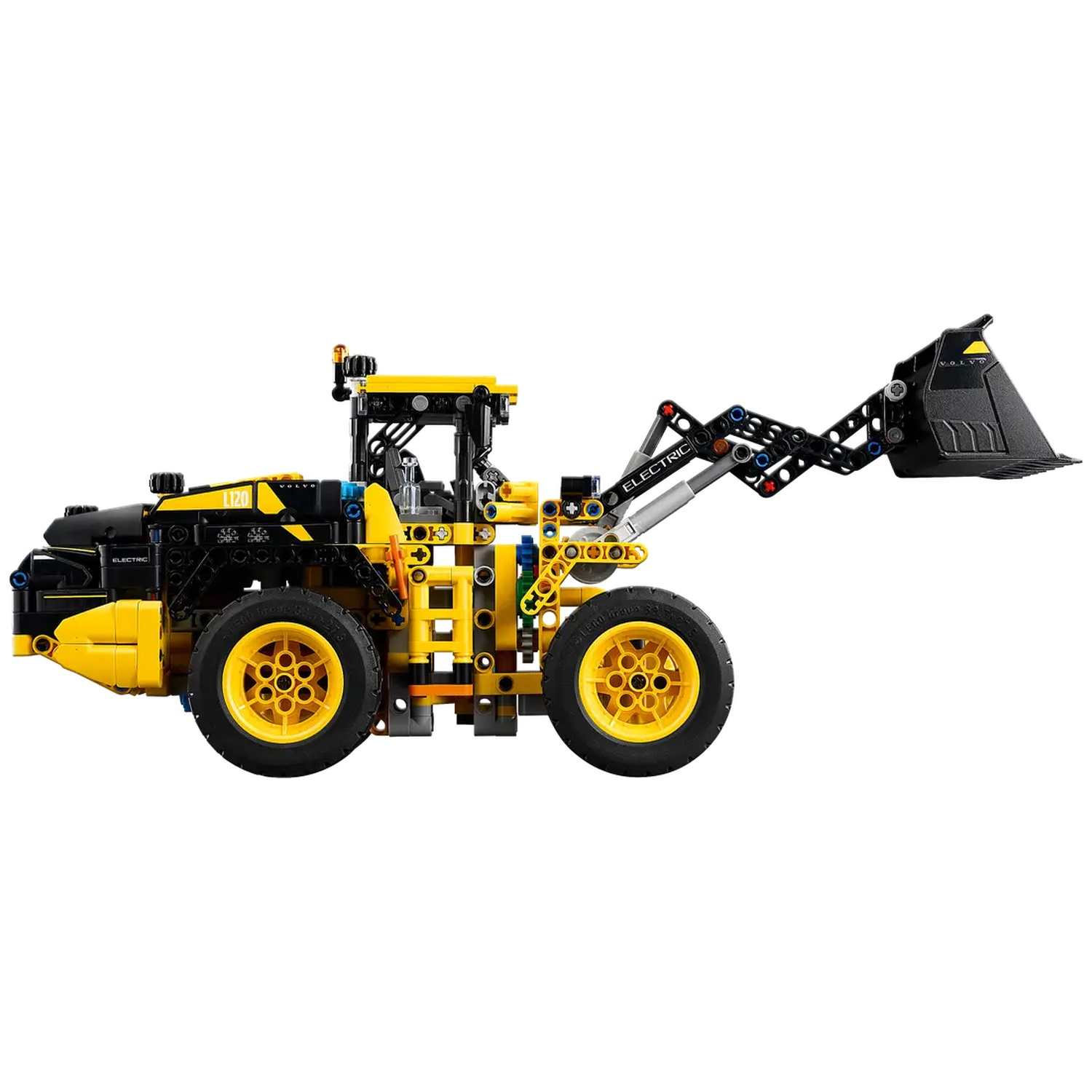A yellow and black Lego Technic construction vehicle, a Volvo L120H wheel loader, with a black bucket.