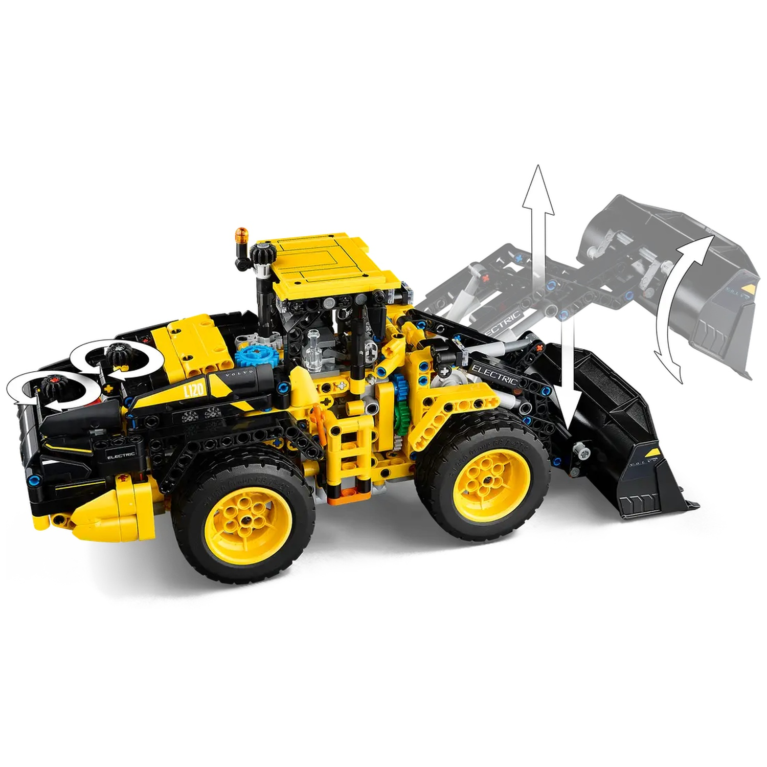 A yellow and black Lego Technic front loader toy. The loader's bucket is raised by an arrow, suggesting movement. 