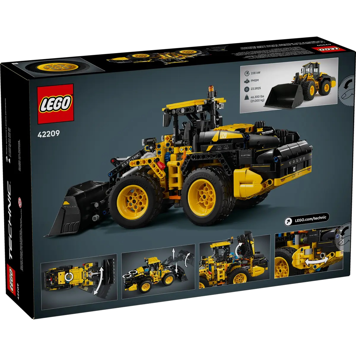 A Lego Technic box shows a yellow and black Volvo wheel loader model. The box features the Lego logo and model number 42209.