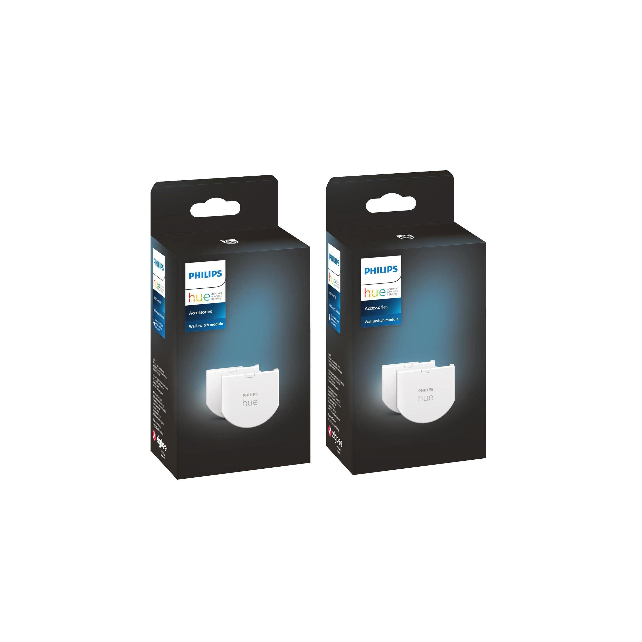 Zwei schwarze Boxen mit Philips Hue Zubehör. Jede Box hat ein weißes Schaltermodul.