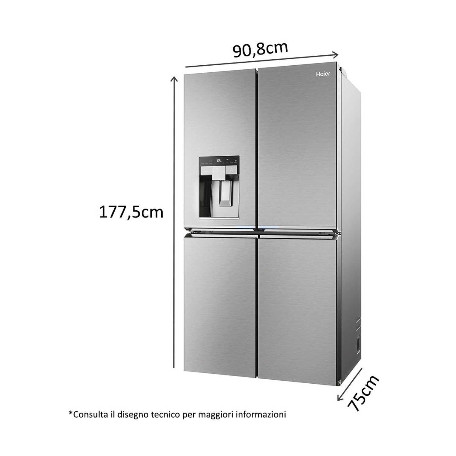 Un frigorifero Haier in acciaio inox con quattro porte. Dimensioni: 177,5 cm di altezza, 90,8 cm di larghezza e 75 cm di profondità.