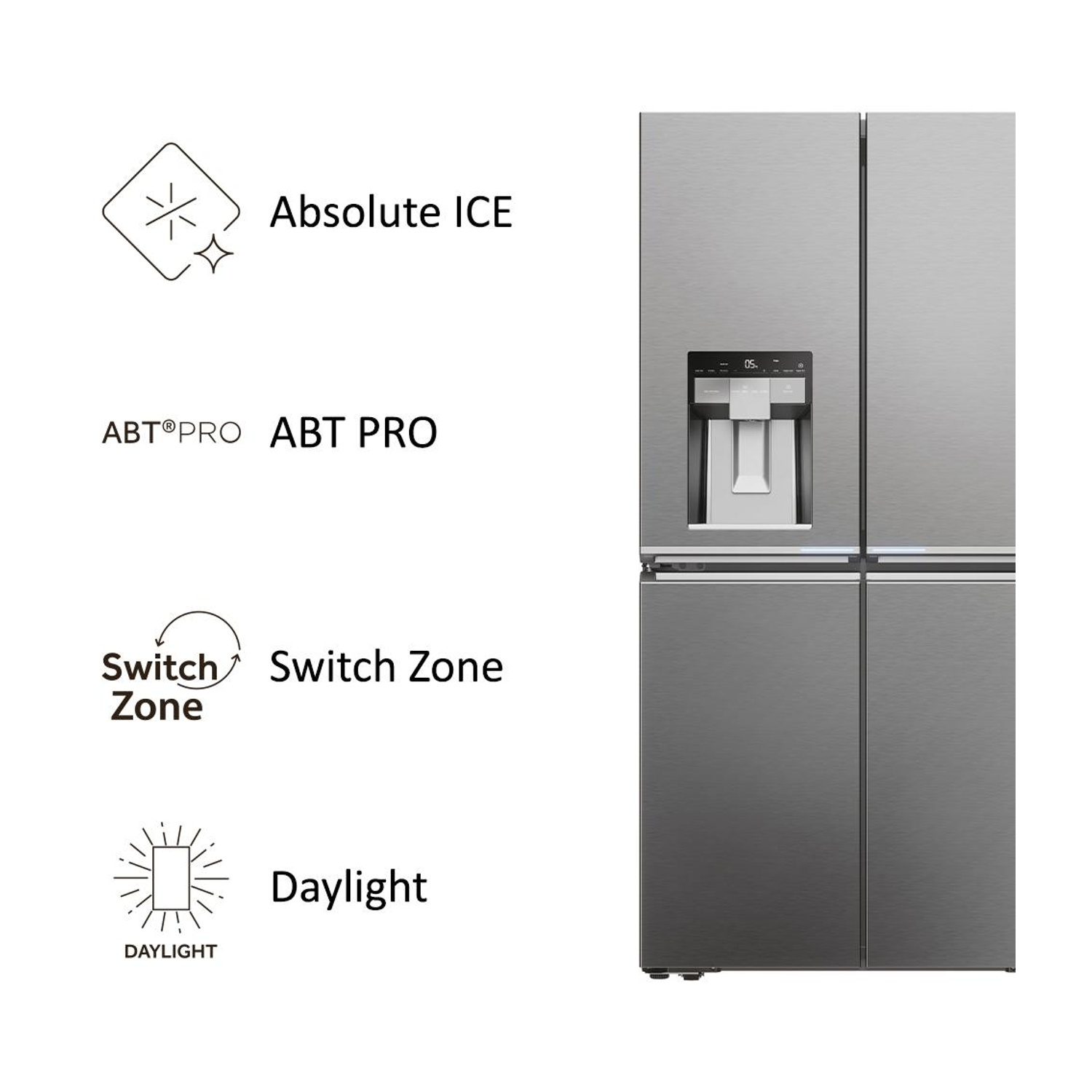 Un frigorifero in acciaio inossidabile con funzioni come Absolute ICE, ABT PRO, Switch Zone e Daylight. Ha un distributore d'acqua.