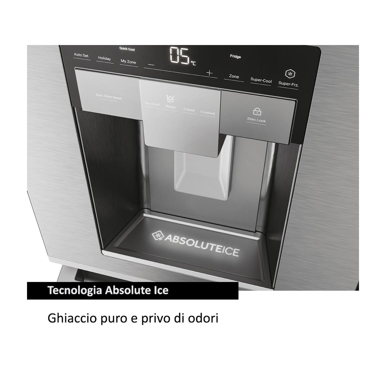 Primo piano della porta del frigorifero con display digitale e pulsanti per ghiaccio, acqua e impostazioni.