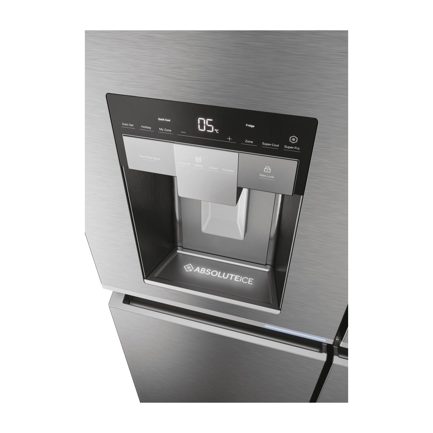 Primo piano di una porta del frigorifero con display digitale. Mostra la temperatura e i pulsanti di controllo per ghiaccio e acqua.