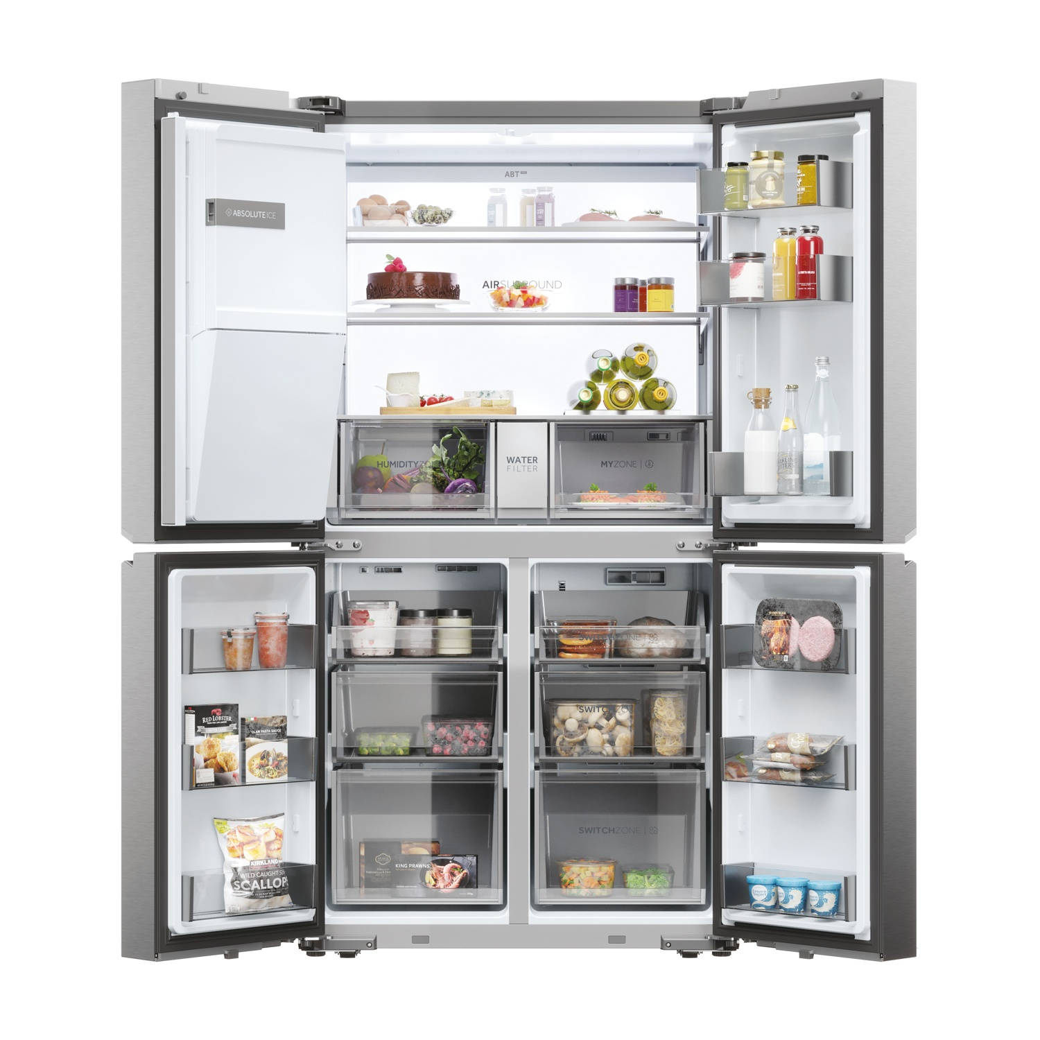 Frigorifero aperto pieno di cibo: frutta, verdura, bevande e articoli confezionati. Porte in acciaio inox e interno bianco.